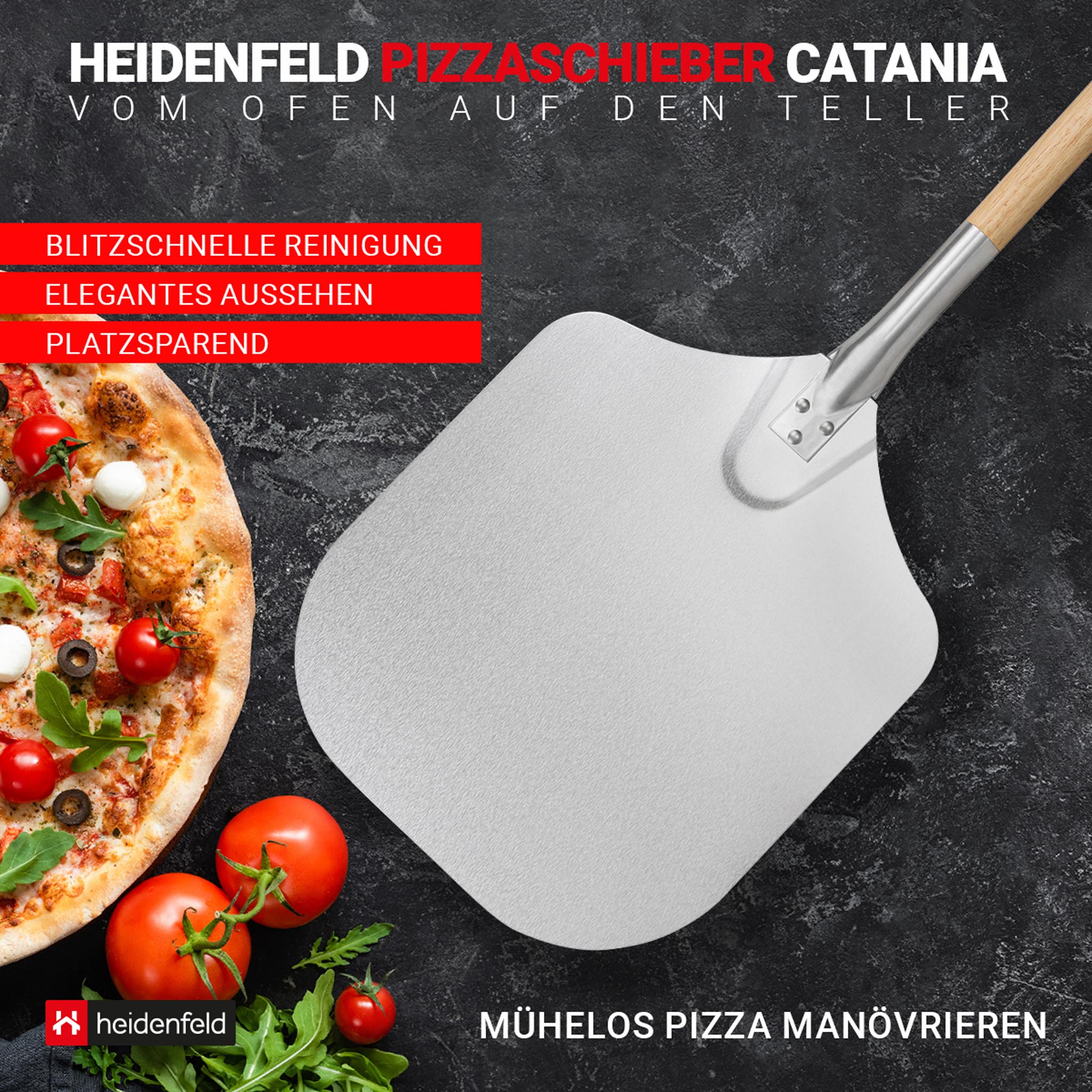 Pizza auf einem Pizzaschieber mit Tomaten und Text: Heidenfeld.