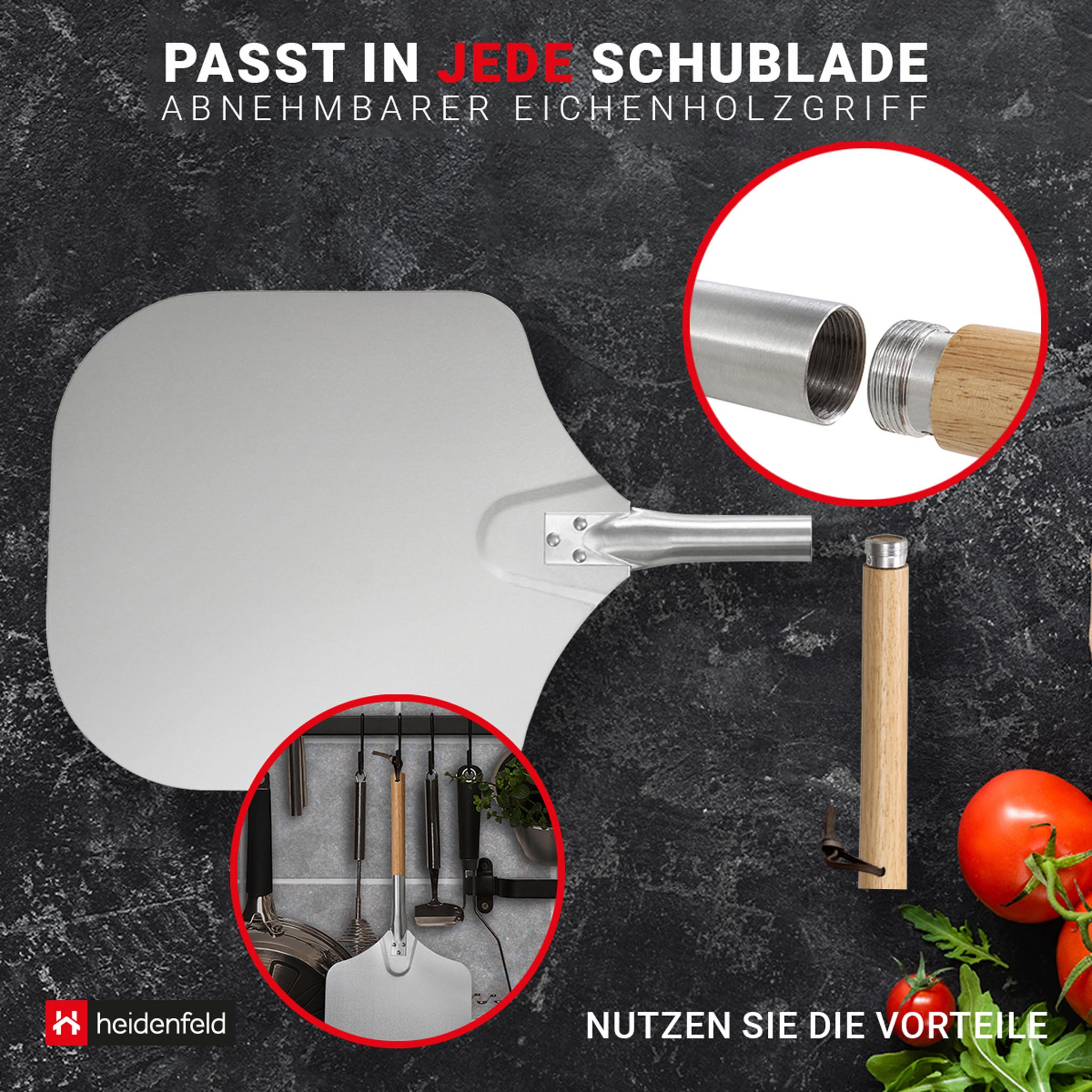 Eine silberne Pizzaschaufel mit Holzgriff. Zubehör und Tomaten sind vorhanden.