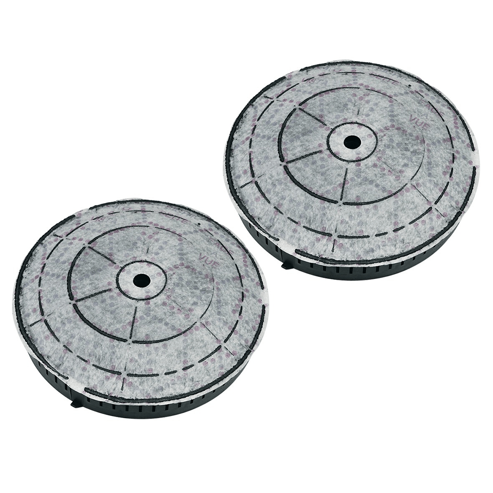 Due filtri a carbone circolari. Materiale grigio scuro con telaio in plastica nera.
