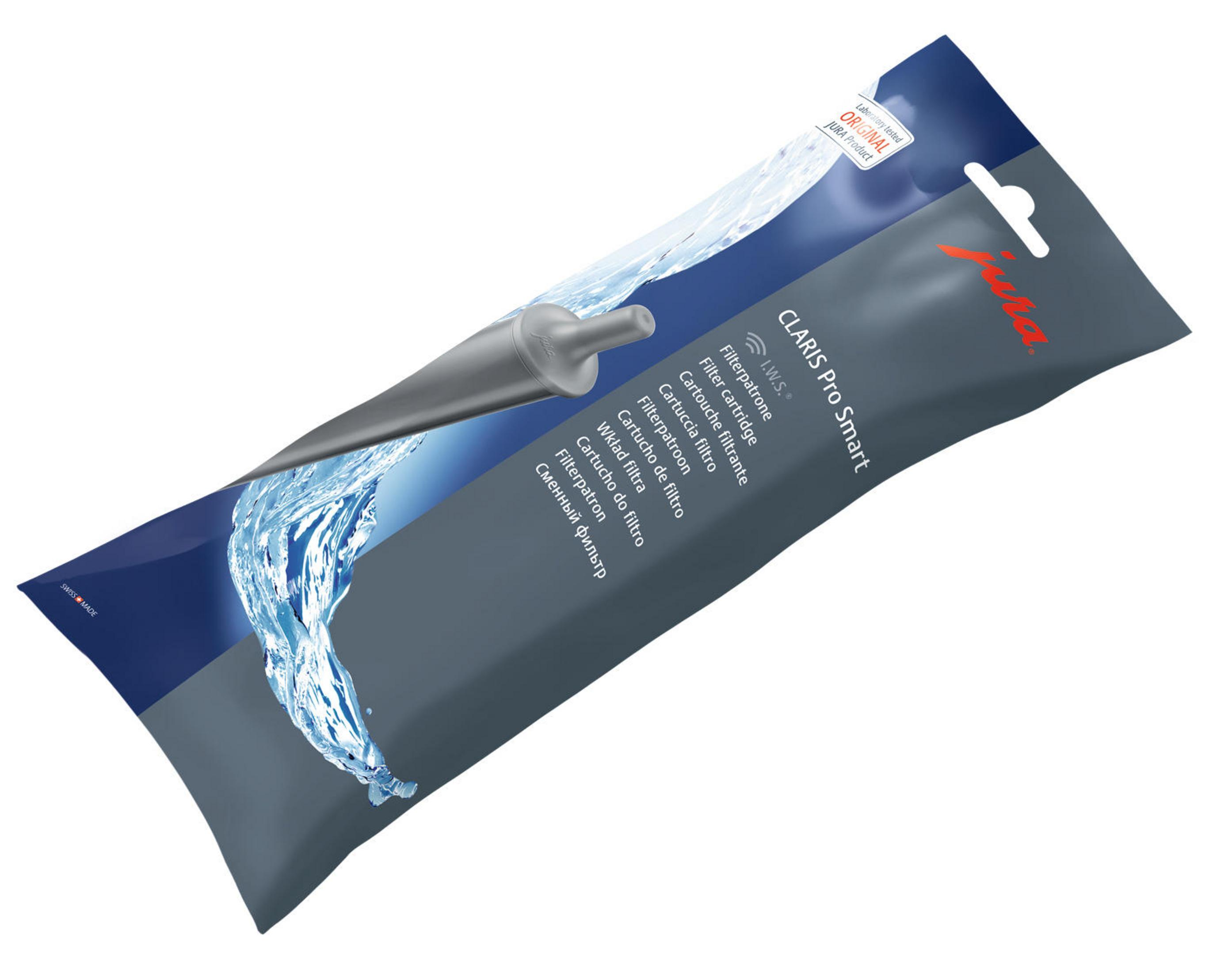 Cartuccia filtrante Jura Claris Pro Smart nella confezione. Sfondo bianco.