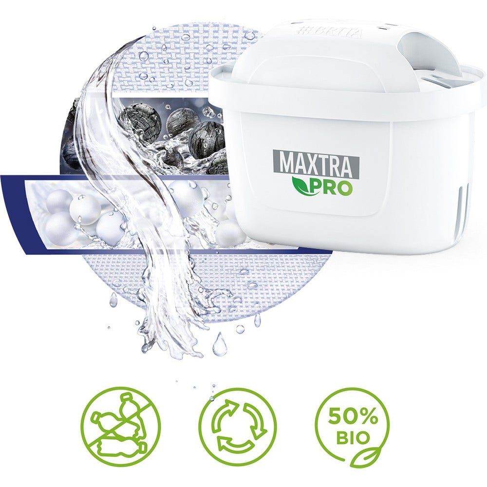 Filtro dell'acqua bianco con etichetta MAXTRA PRO e grafica del flusso dell'acqua. Bianco.