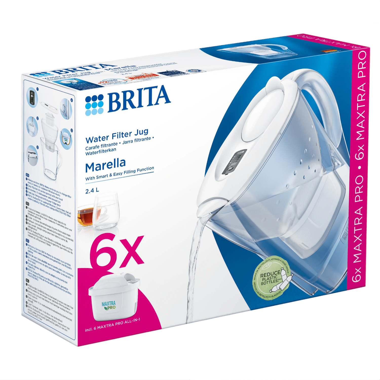 Eine Brita Wasserfilter-Kanne-Box, die eine weiße Kanne, Filter und Produktinformationen zeigt.