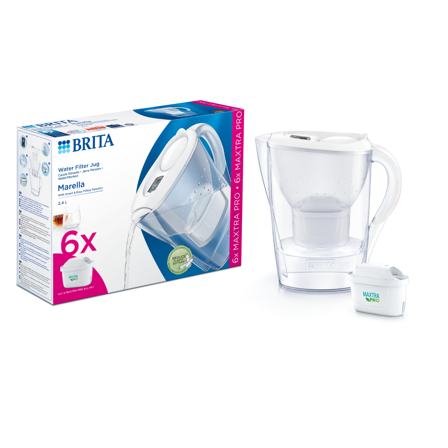 Ein Brita Wasserfilter-Krug, eine Box und eine Filterpatrone. Der Krug ist weiß und transparent. Die Box hat Text.