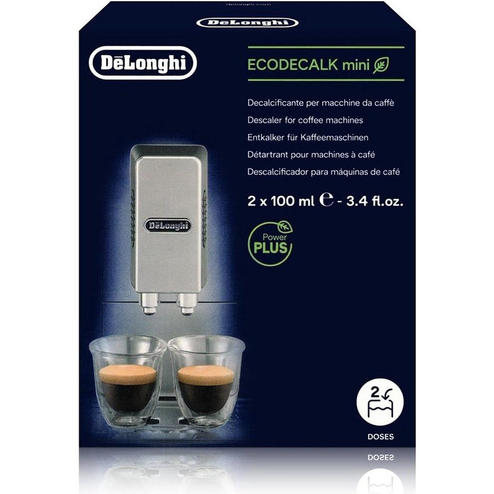 Eine De'Longhi Ecodecalk Mini-Box mit zwei Espressotassen und einer Kaffeemaschinen-Grafik.