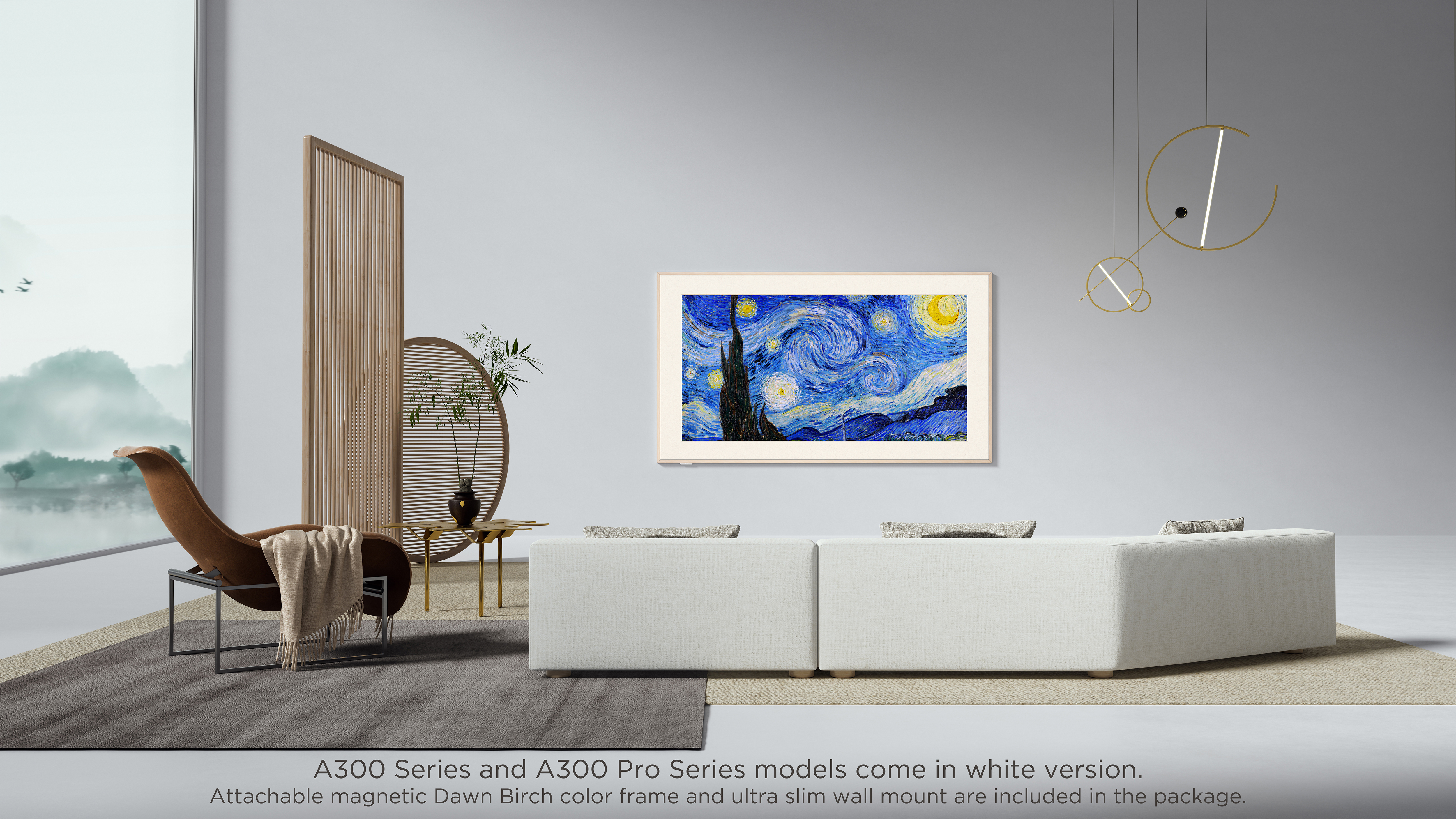 Sala de estar con obras de arte de La noche estrellada. Sofá, silla y una pared blanca.