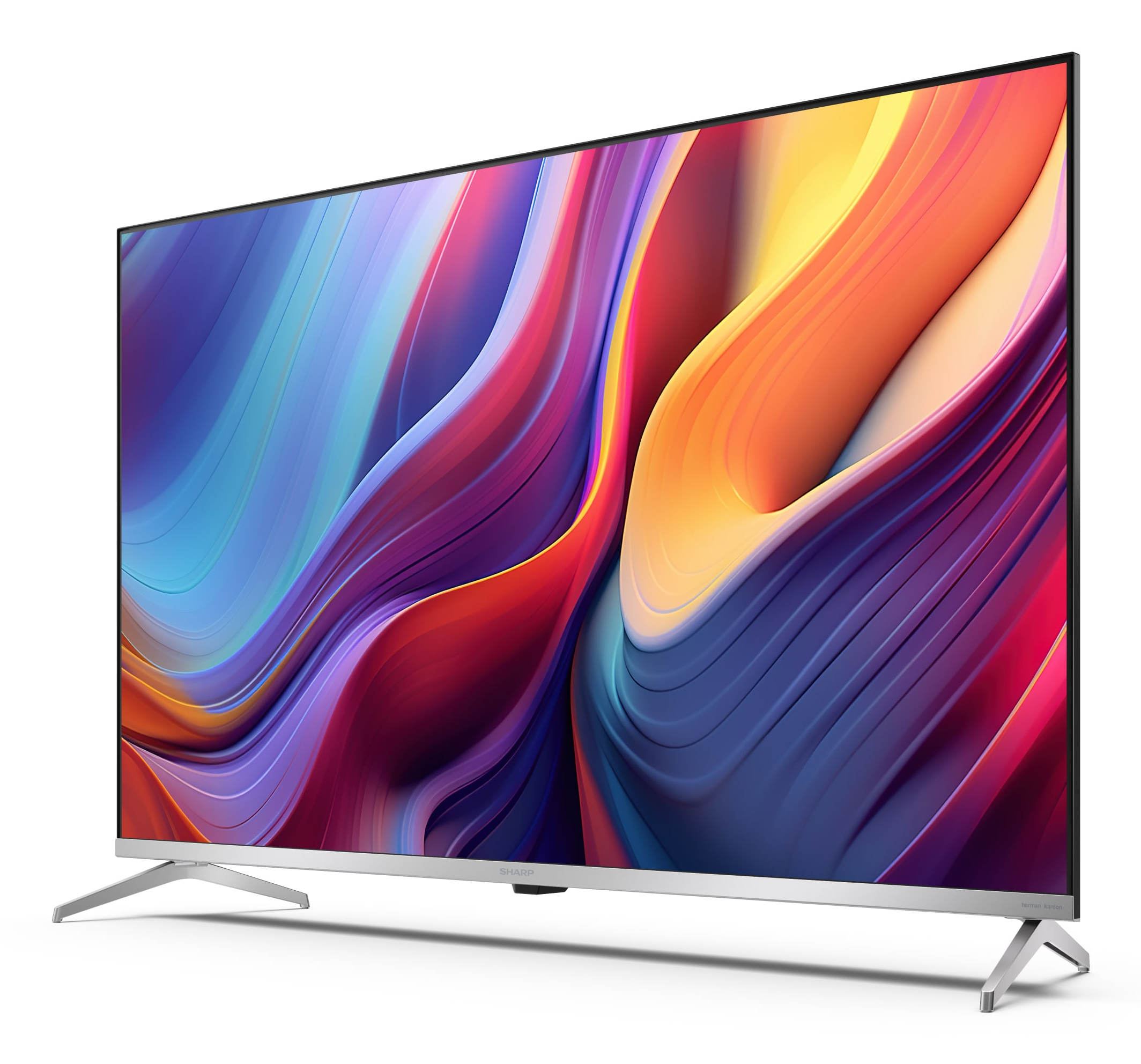 Ein großer, moderner Sharp-Fernseher mit einem farbenfrohen, abstrakten Display.