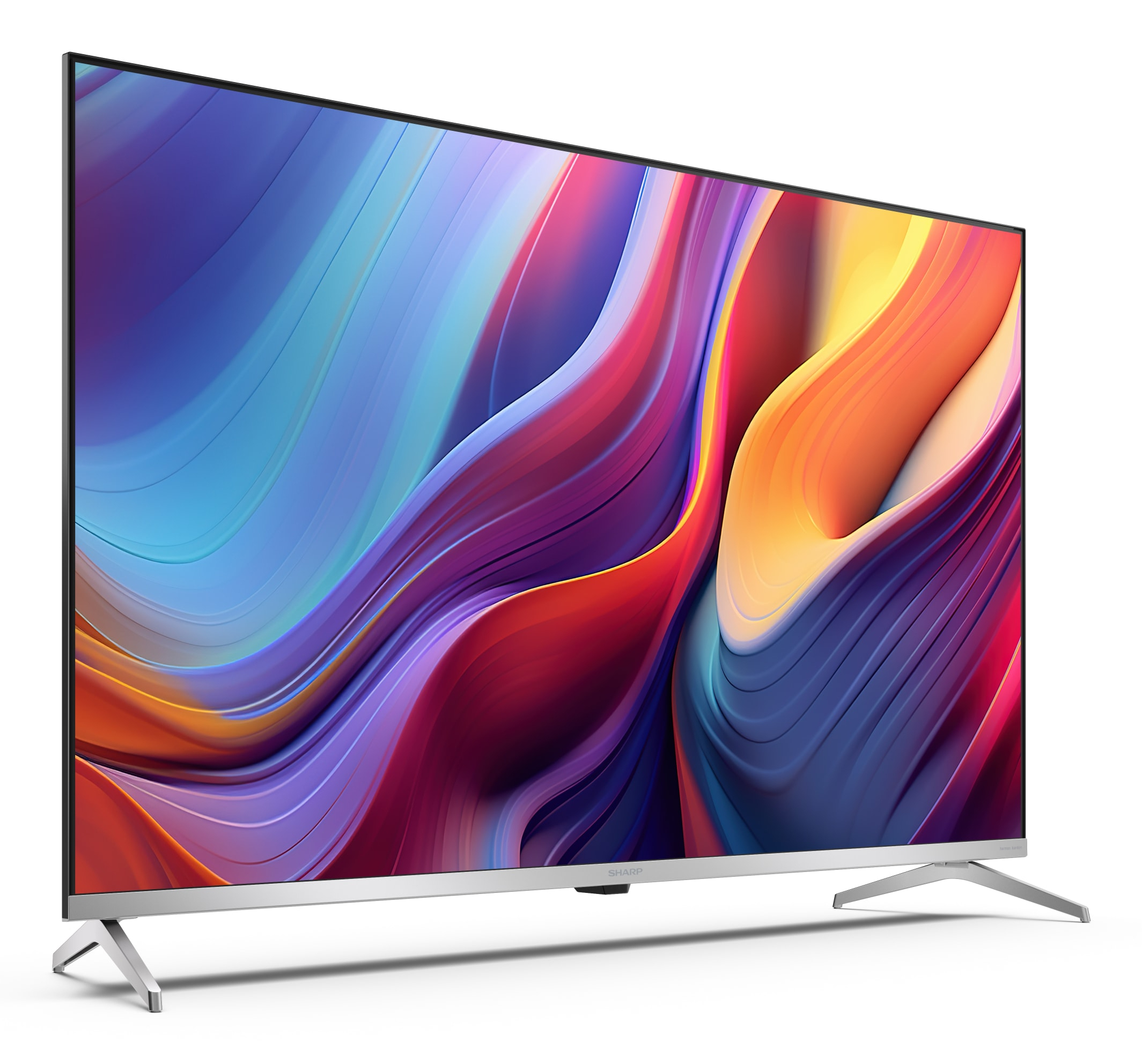 Moderner Fernseher mit farbenfrohem Display, auf silbernen Beinen vor weißem Hintergrund.