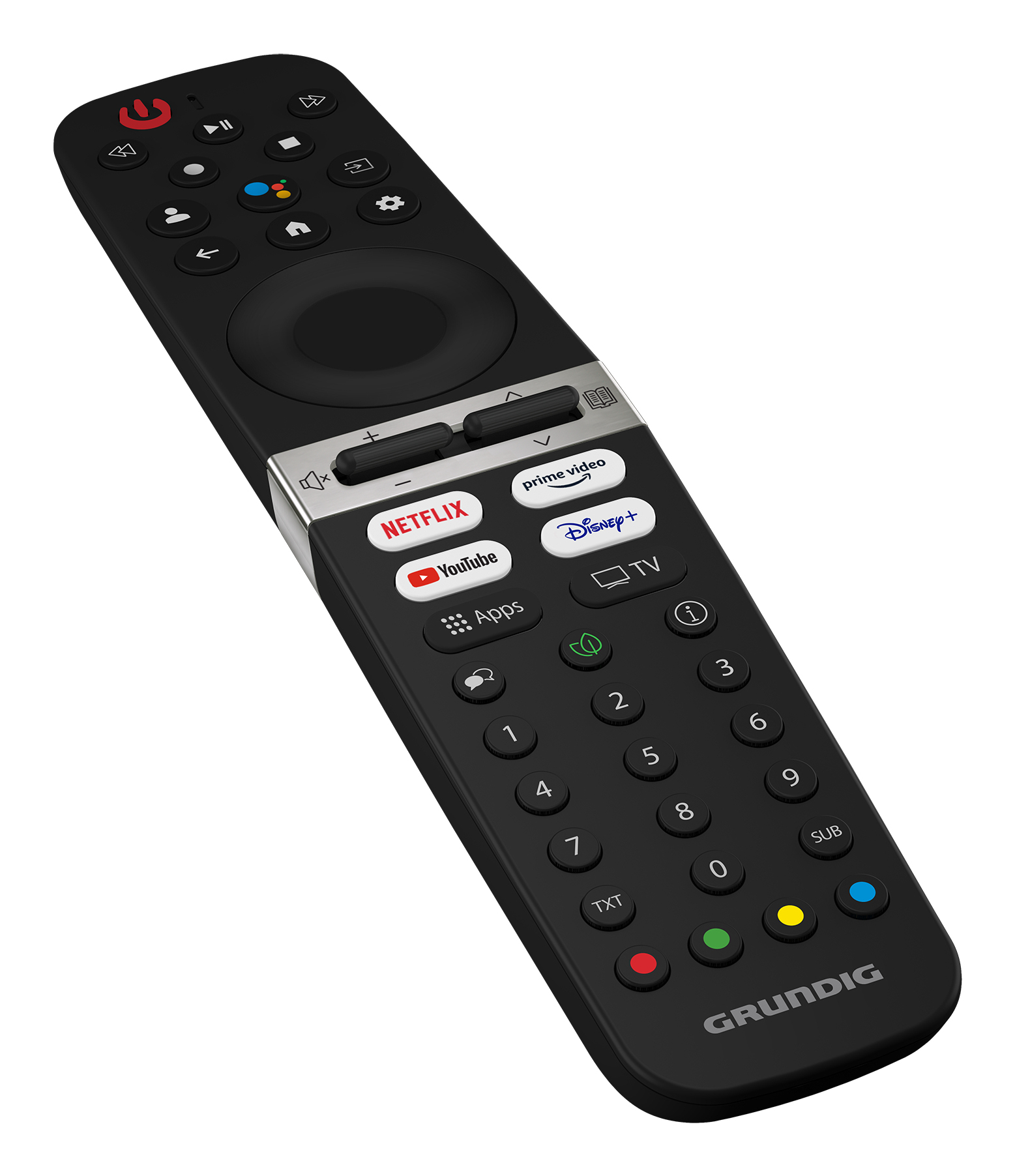 Mando a distancia de TV Grundig negro con botones e iconos de servicios streaming.