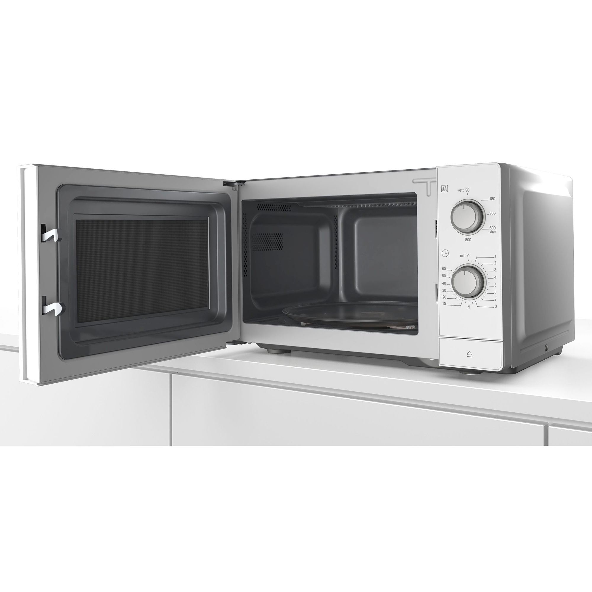 Otwarty piekarnik mikrofalowy na białej powierzchni, z otwartymi drzwiami.