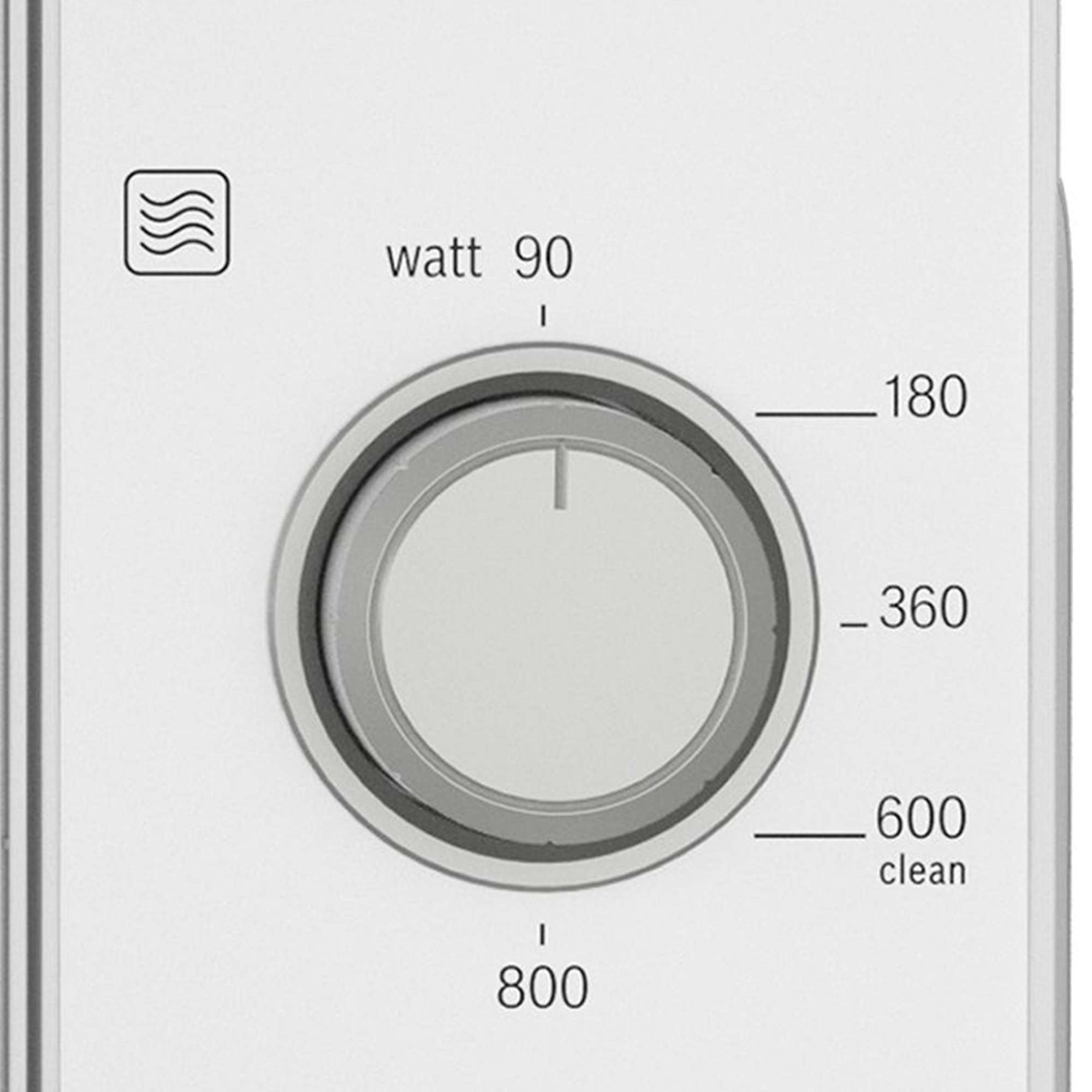 Biały panel sterowania kuchenką mikrofalową z obrotowym pokrętłem i ustawieniami.