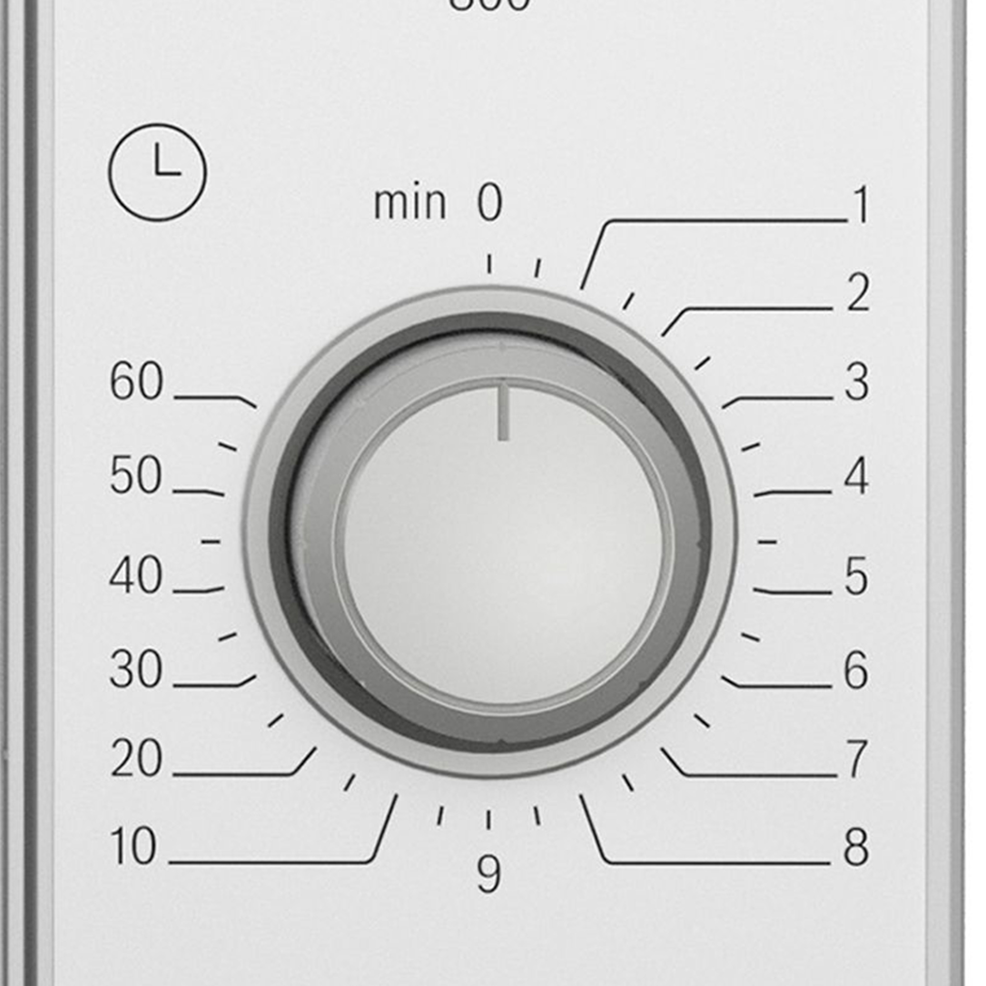 Biała tarcza z cyframi i pokrętłem. Pokrętło jest na środku. Białe tło.
