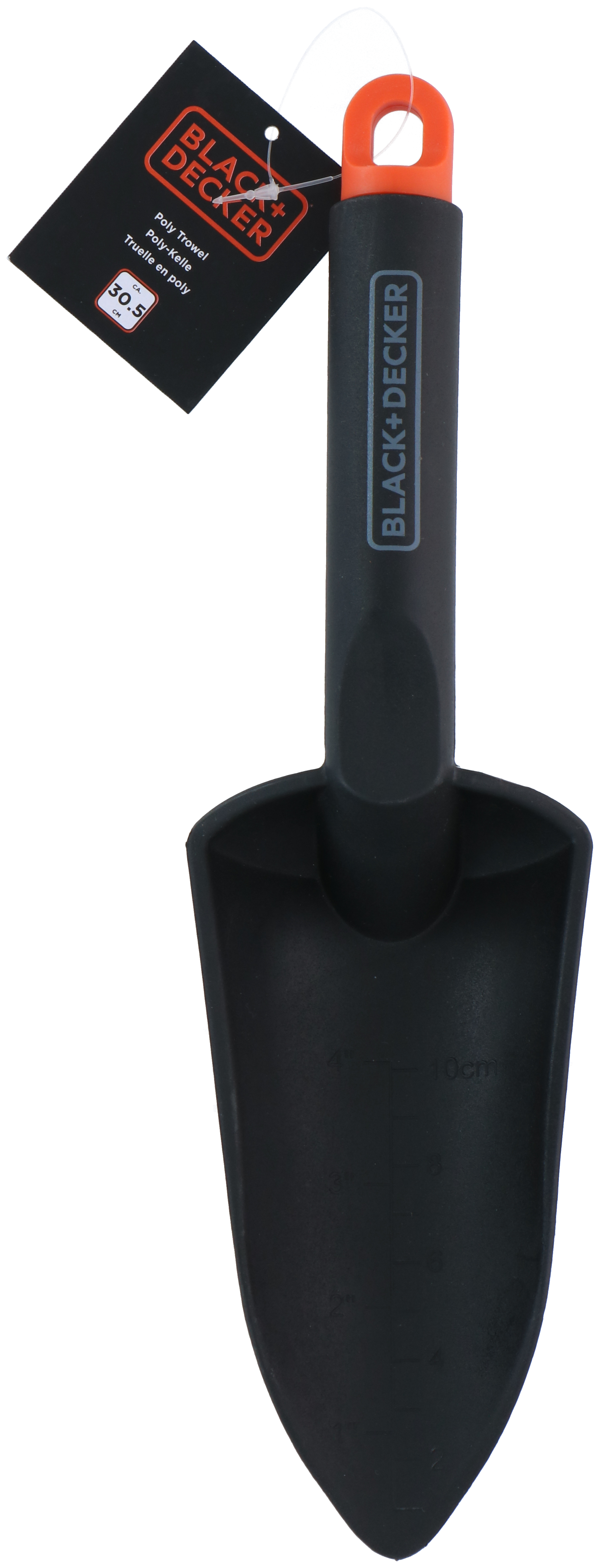 A black and orange hand shovel with a tag attached. It is on a black background.