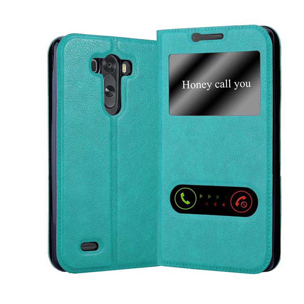 Una funda de teléfono verde azulado con una pantalla que dice: "Honey call you". La funda está abierta.