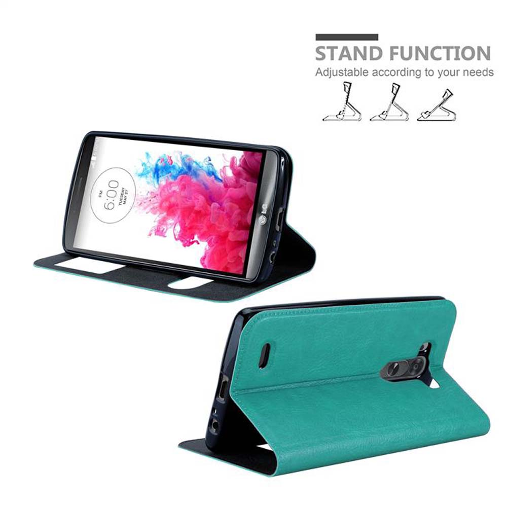 Funda turquesa con teléfono dentro e ilustración de función soporte.