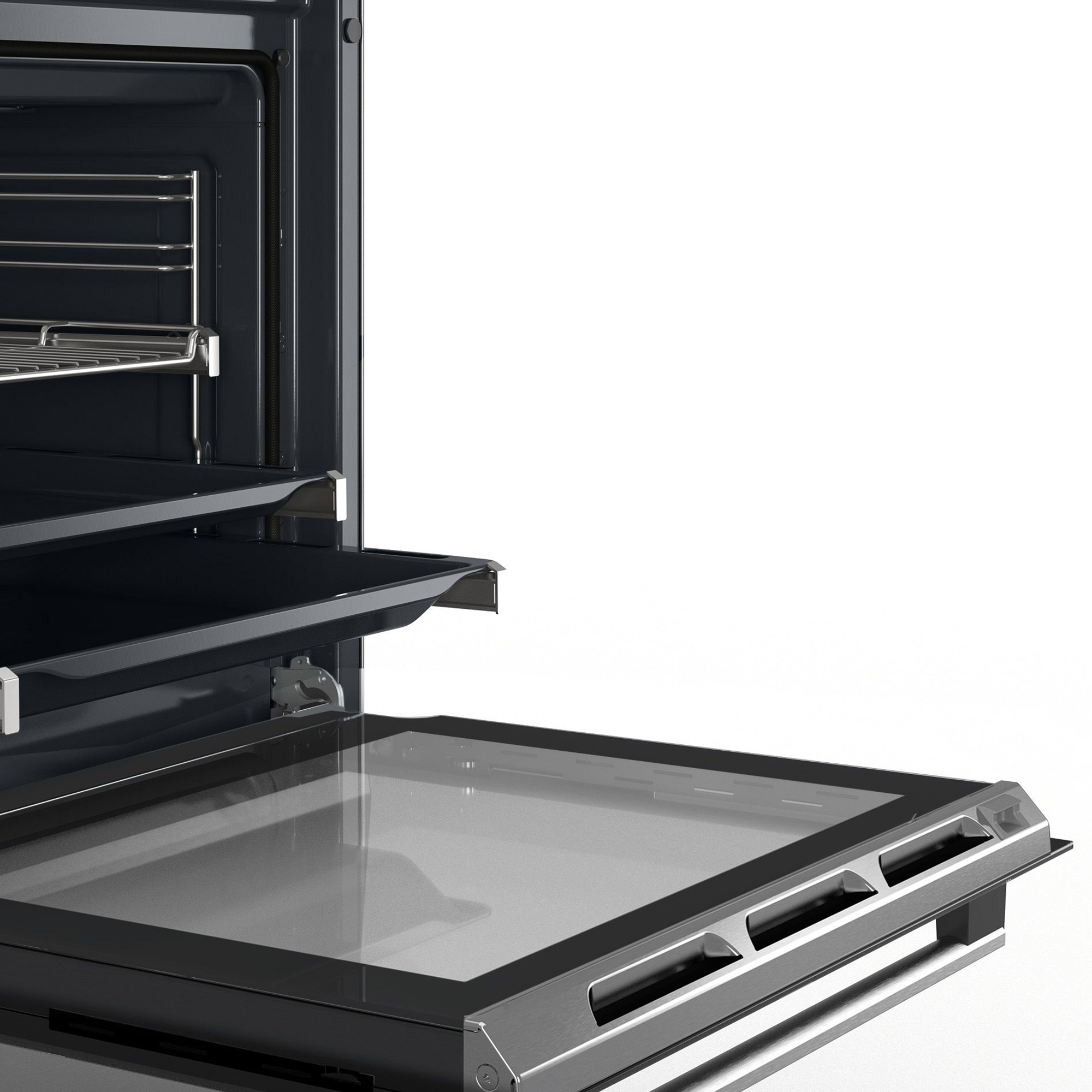Backofen Innenraum, offen. Zeigt Regale und Glastür, das Innere ist dunkel und glänzend.