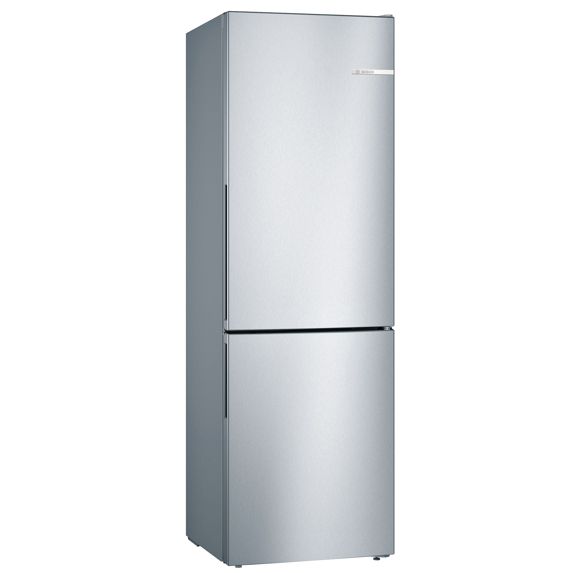 Silberfarbener Kühlschrank. Zwei Türen, oben und unten. Bosch-Logo sichtbar.