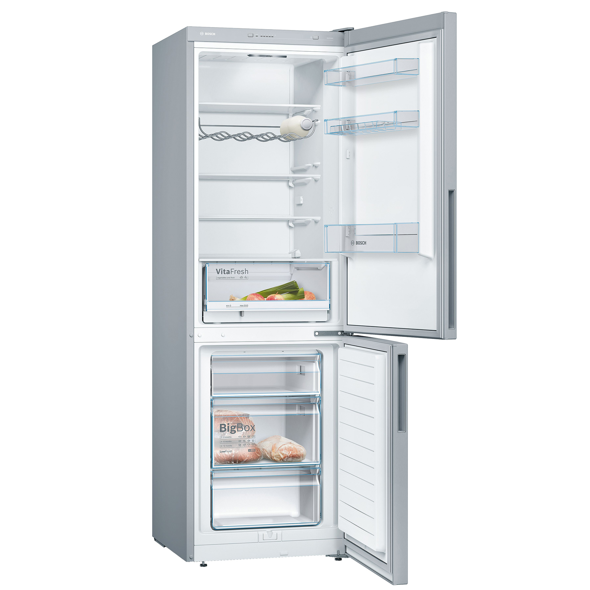 Silberner Kühlschrank mit geöffneten Türen. Sichtbare Regale und Staufächer.