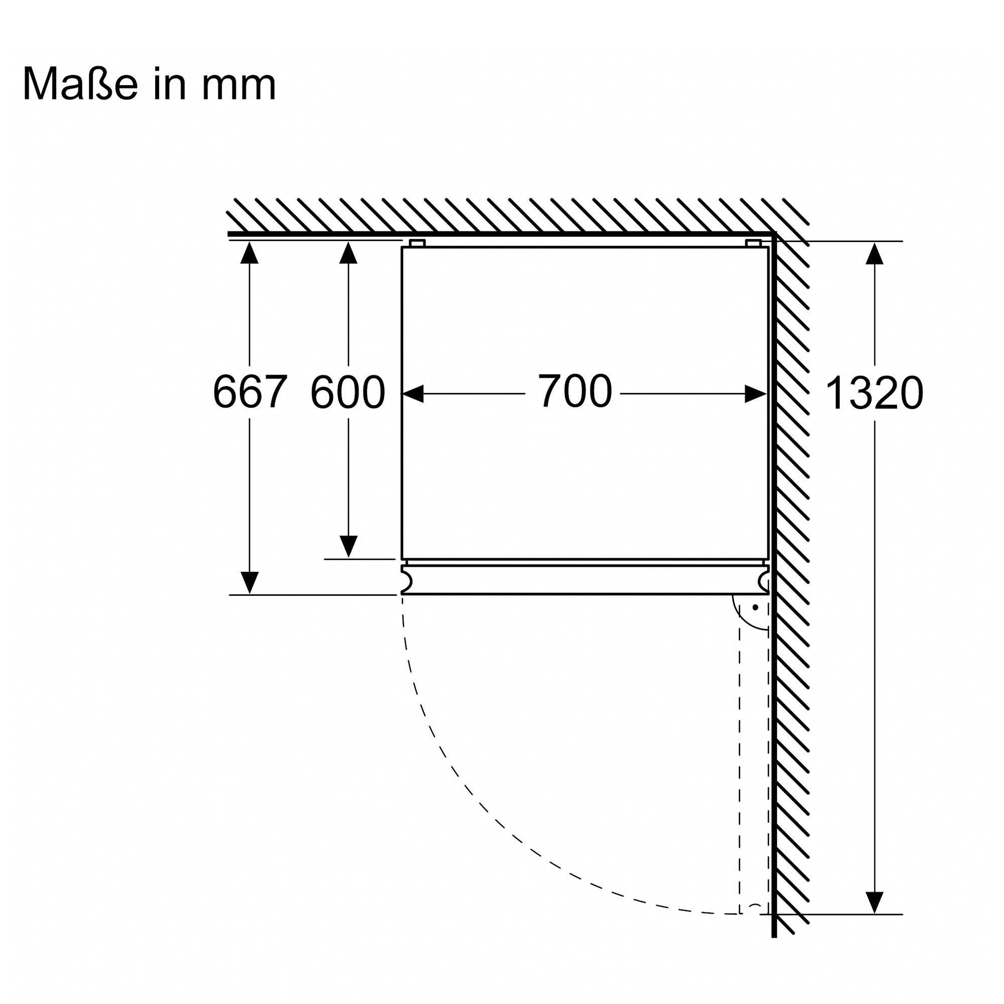 Diagram ilustrujący wymiary lodówki. Wymiary podano w milimetrach.