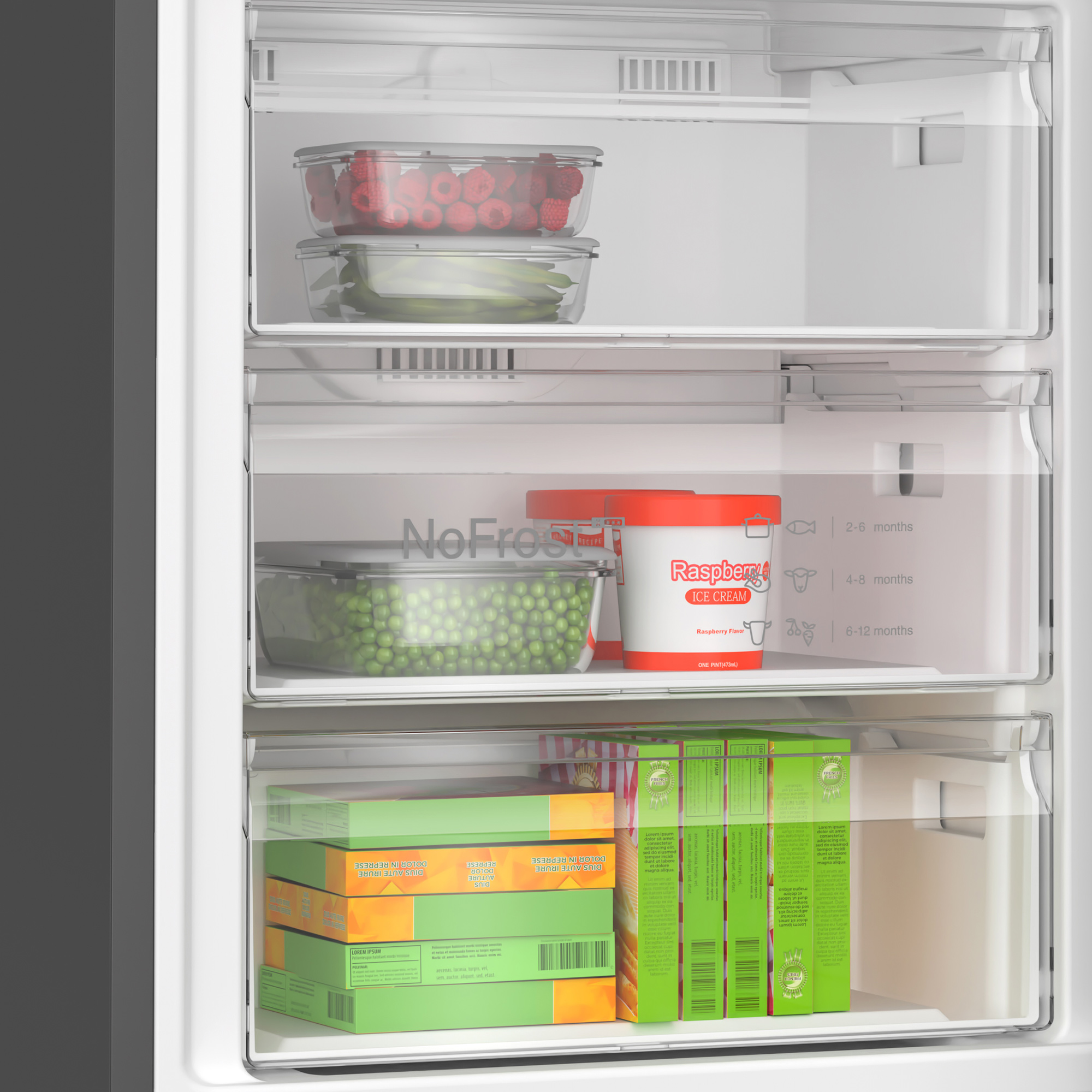 Zamrażarka z otwartymi szufladami. Zawiera maliny, groszek, lody i pudełka z mrożonkami.