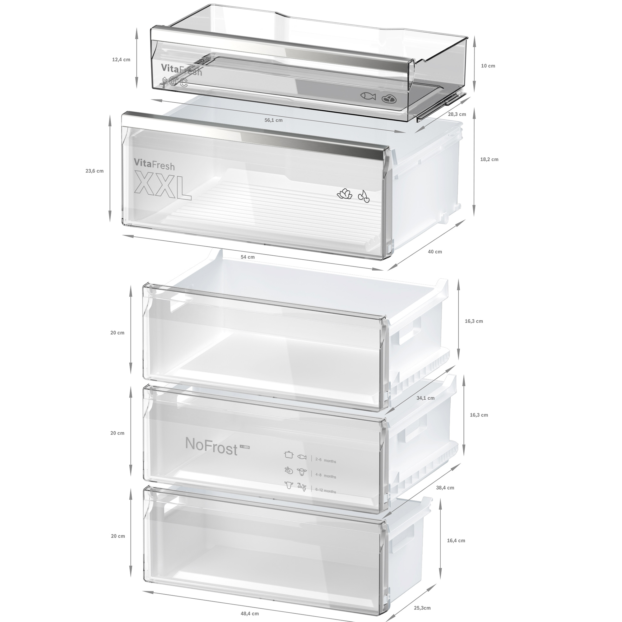 Szuflady lodówki z wymiarami. Górna szuflada przezroczysta. Środkowa szuflada oznaczona 'NoFrost'.
