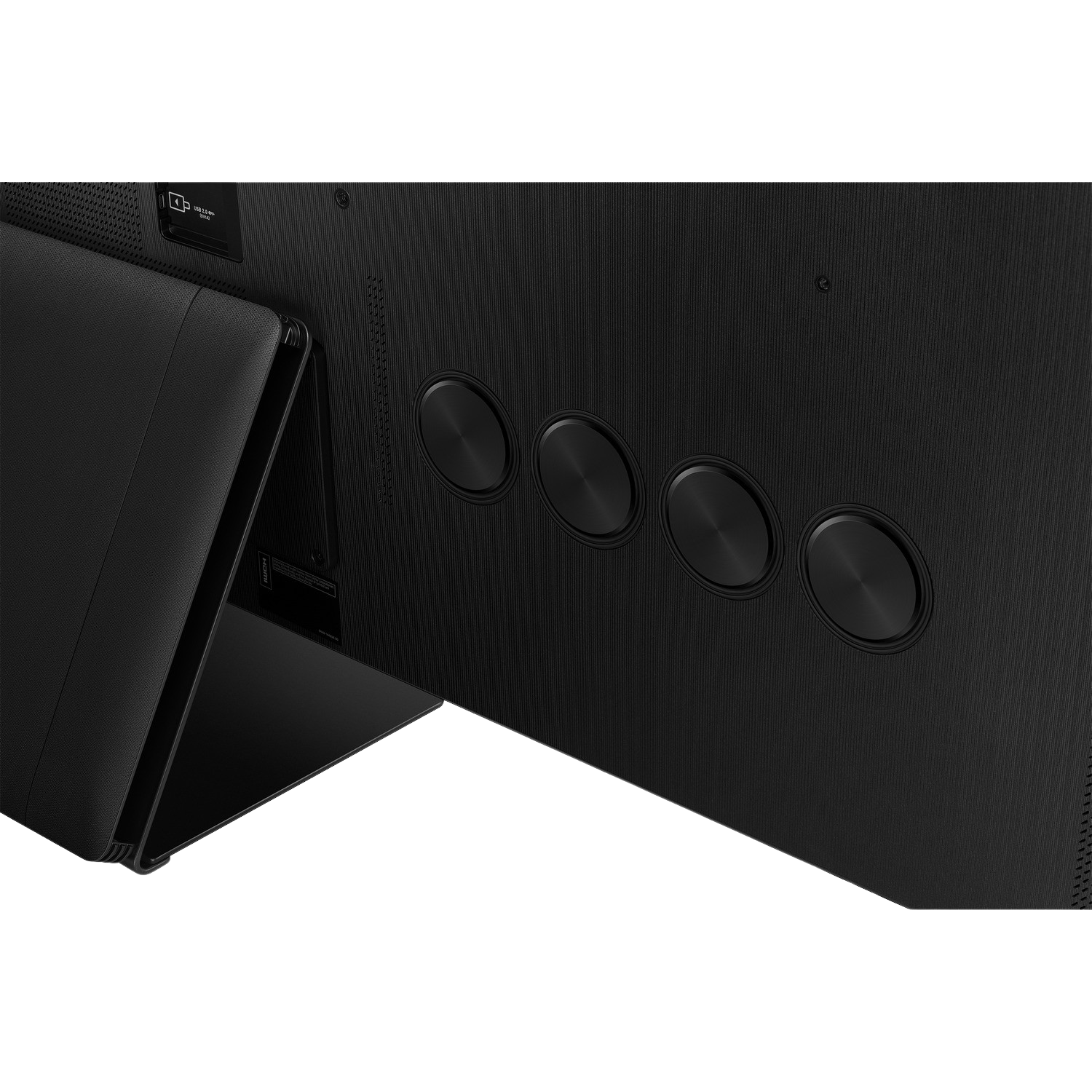Black TV back, black circles and details, black back and stand.