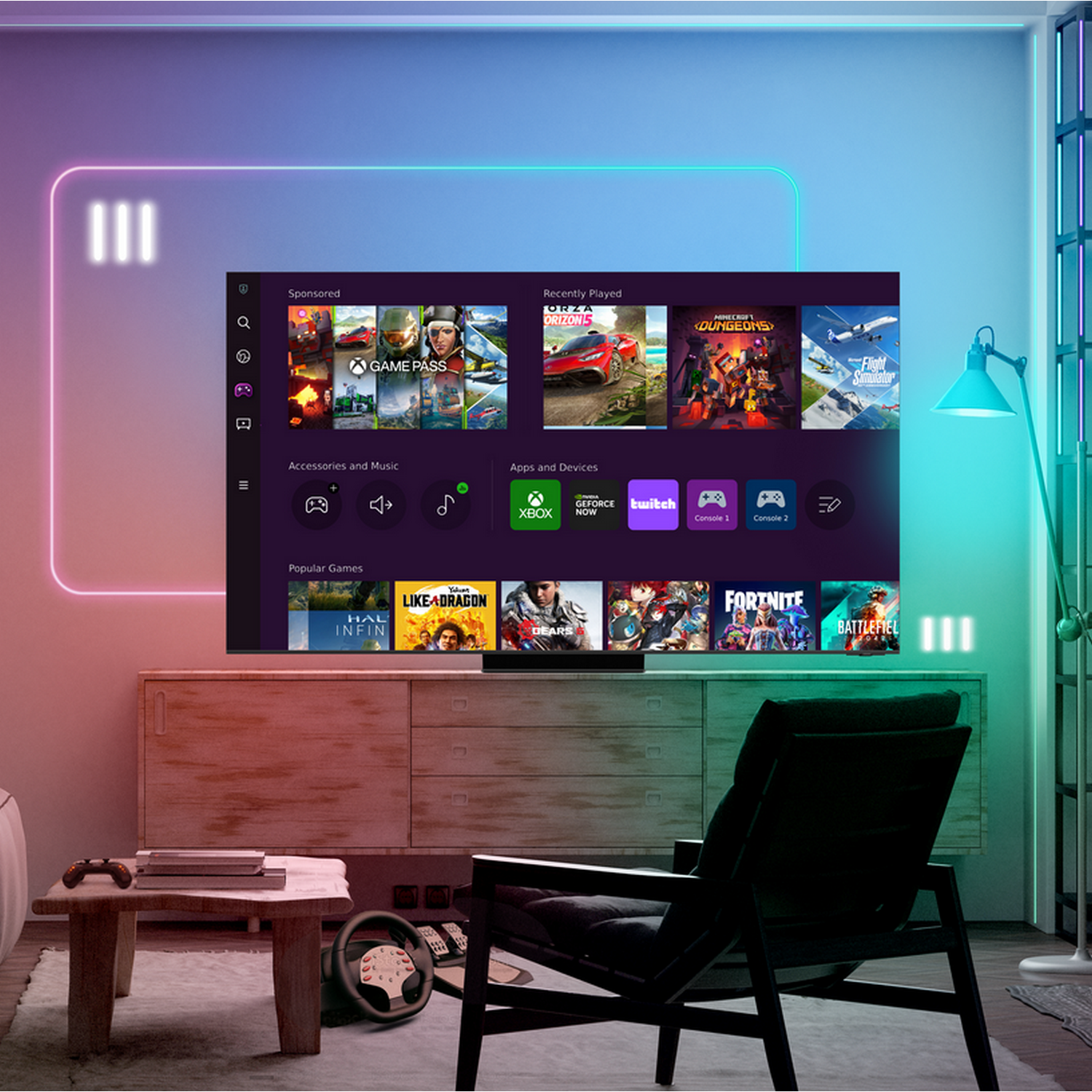 Living room with TV displaying games, a chair, and a lamp.  The walls have colored lights.