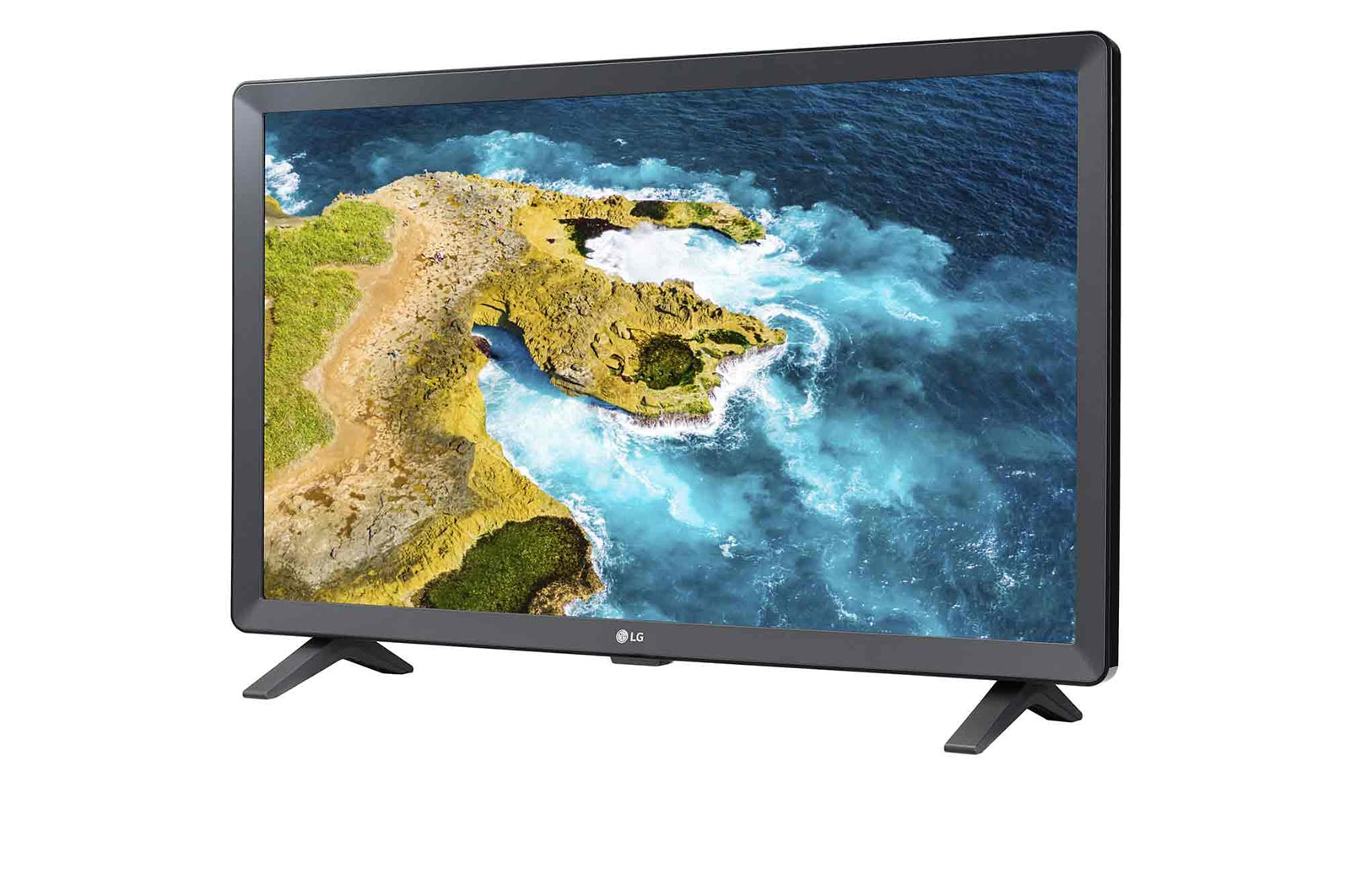 Ein schwarzer LG-Fernseher, der eine malerische Aussicht auf einen Ozean mit Inseln zeigt.