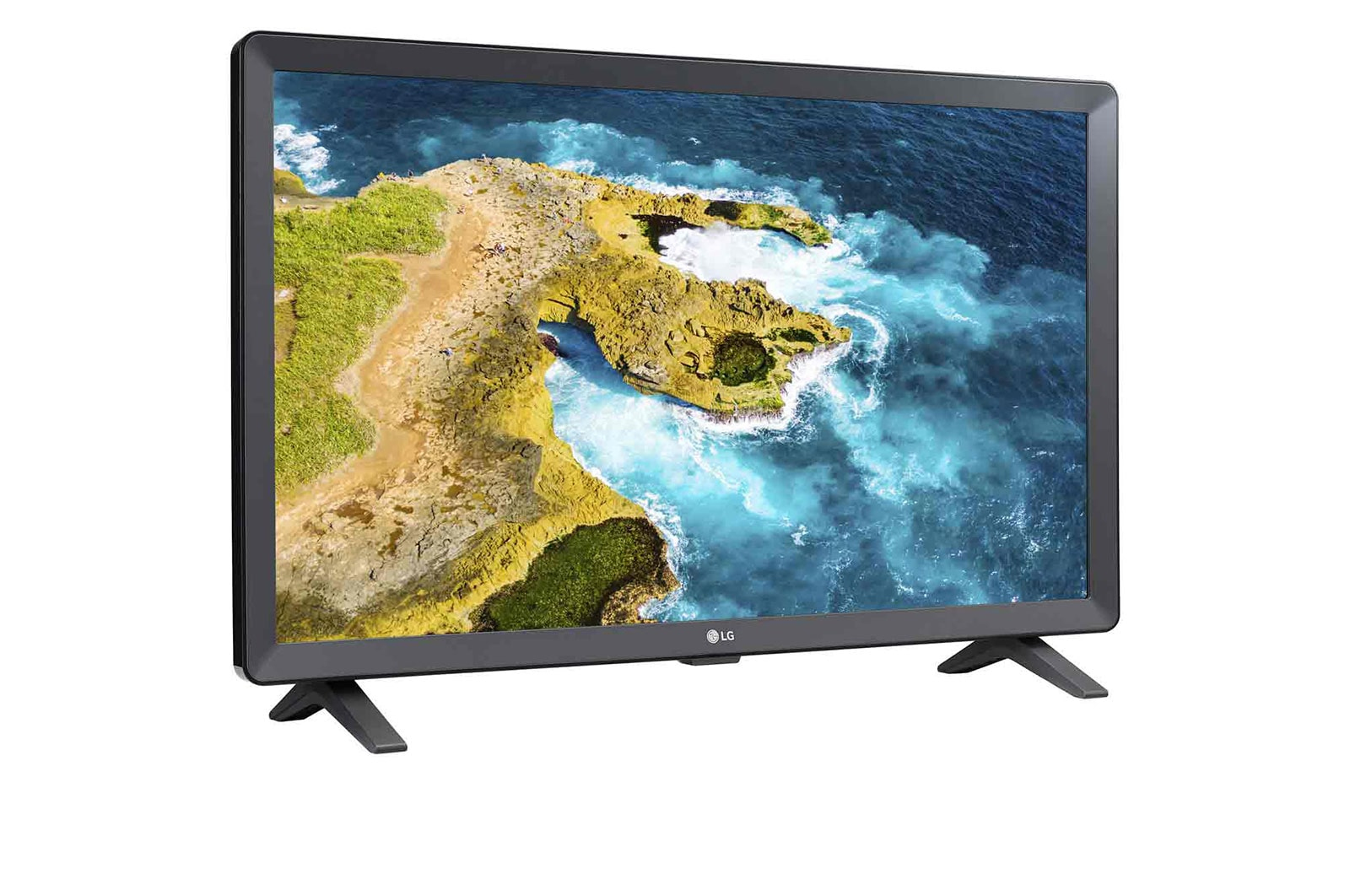 Kleiner LG-Fernseher auf Weiß. Der Fernseher zeigt eine Küstenszene auf dem Bildschirm.