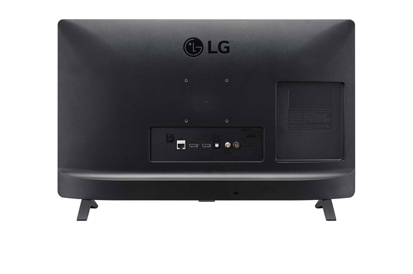 Rückseite eines schwarzen LG Fernsehers. Anschlüsse und Verbindungen sind unten sichtbar.