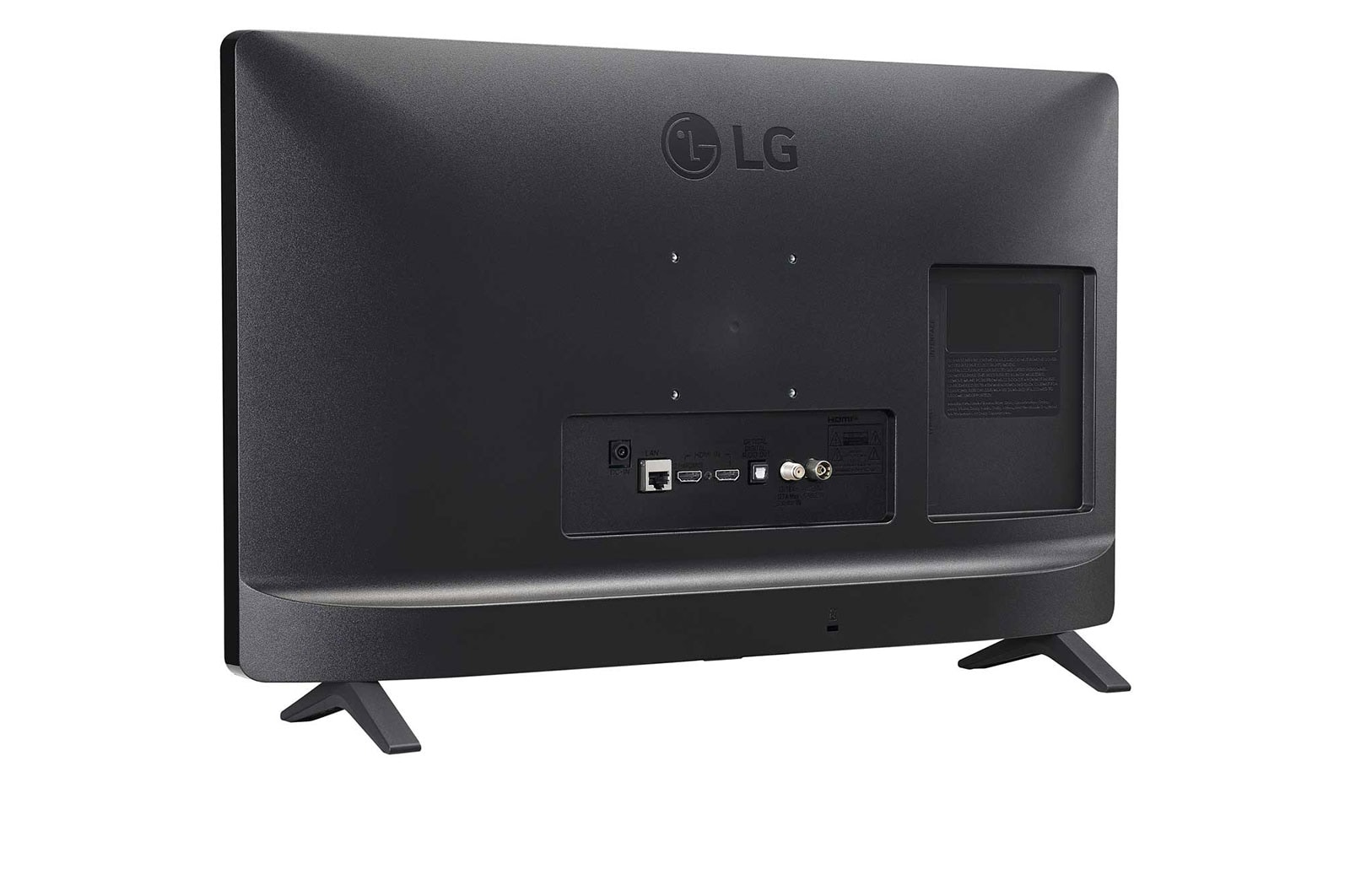 Rückseite eines schwarzen Fernsehers. Es hat Anschlüsse und Ständer. Das LG-Logo ist sichtbar.