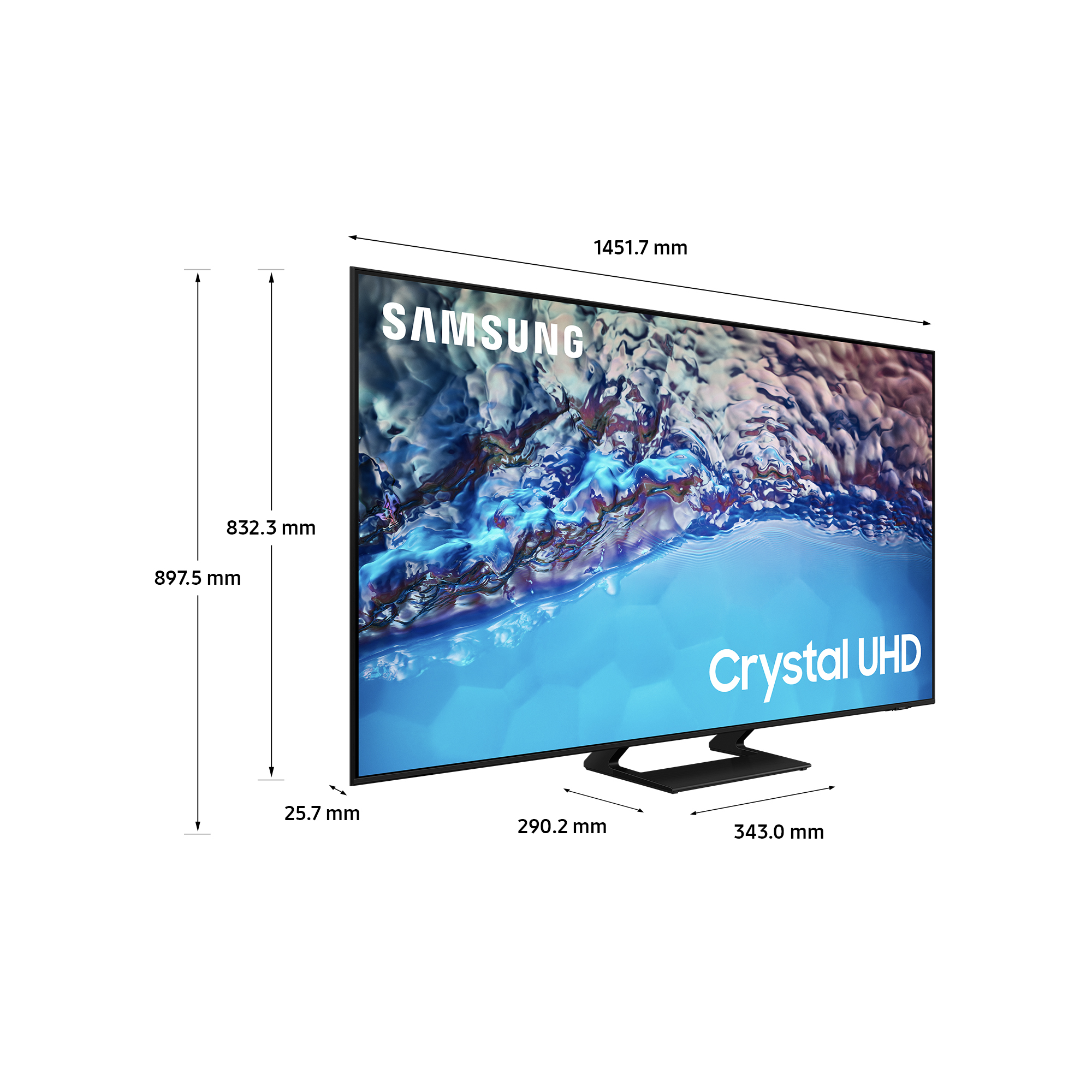 TV Samsung, dimensioni mostrate con etichette, su sfondo bianco. Crystal UHD.
