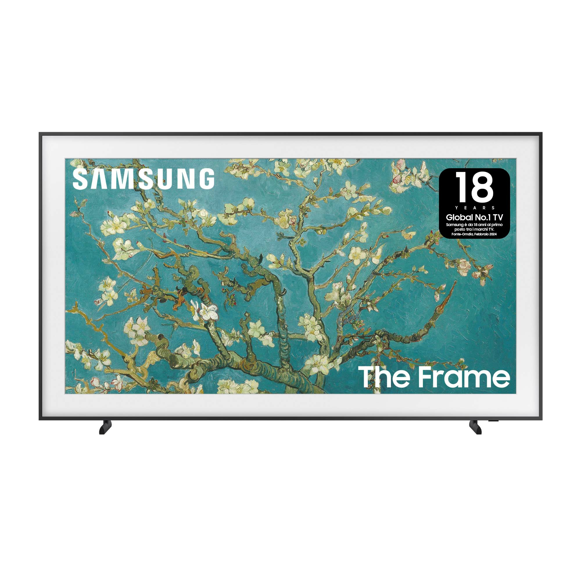 TV con un dipinto, compare il testo 'The Frame' e 'Global No.1 TV'.