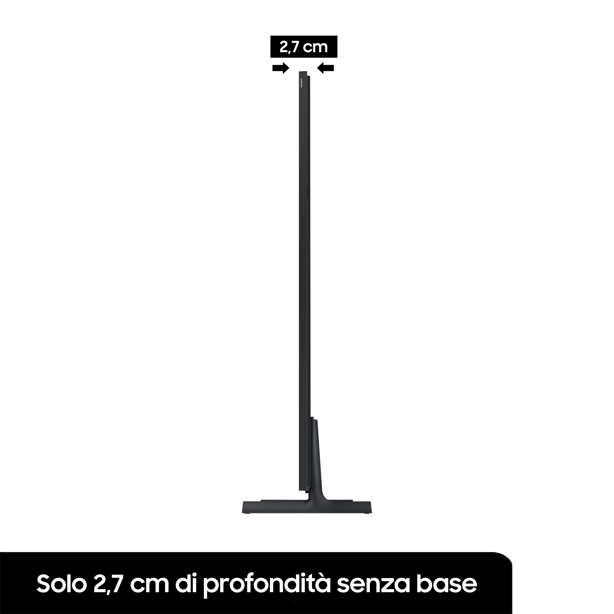 Vista laterale di una TV nera sottile con supporto, che mostra la profondità.