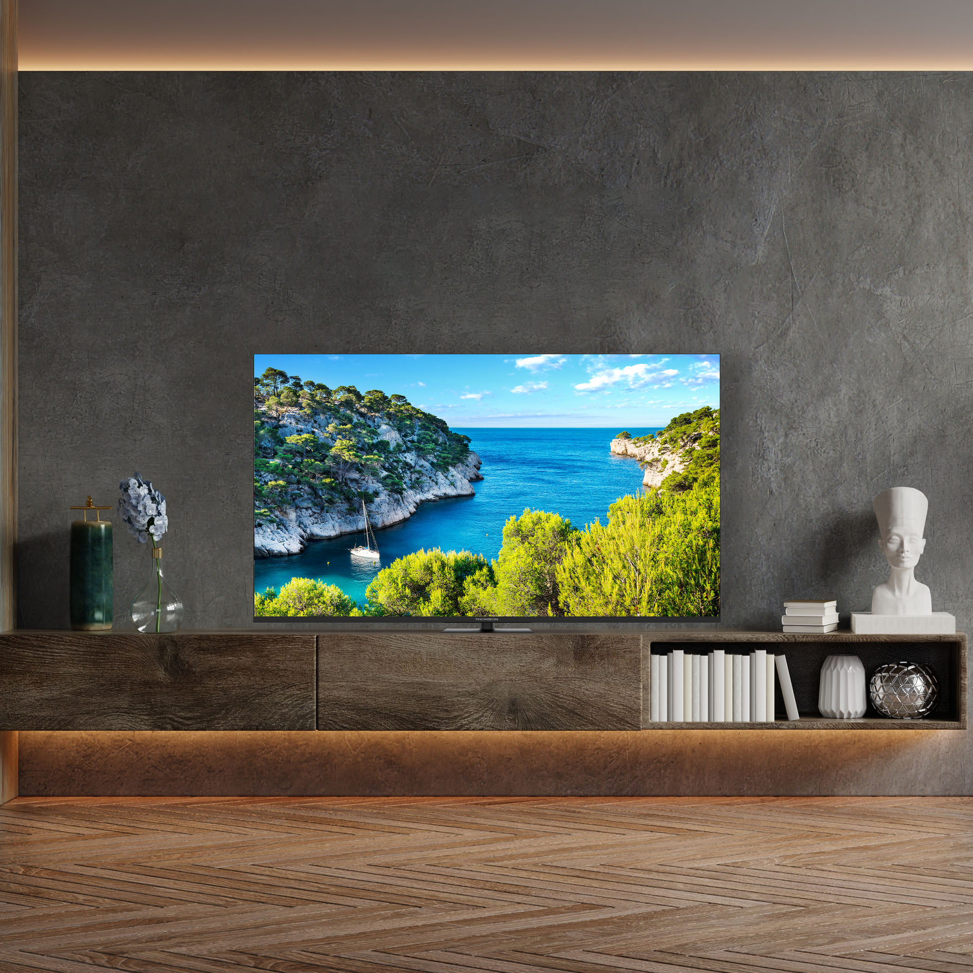 Telewizor z widokiem na morze. Drewniana szafka. Rośliny w wazonach. Biała łódź na morzu.