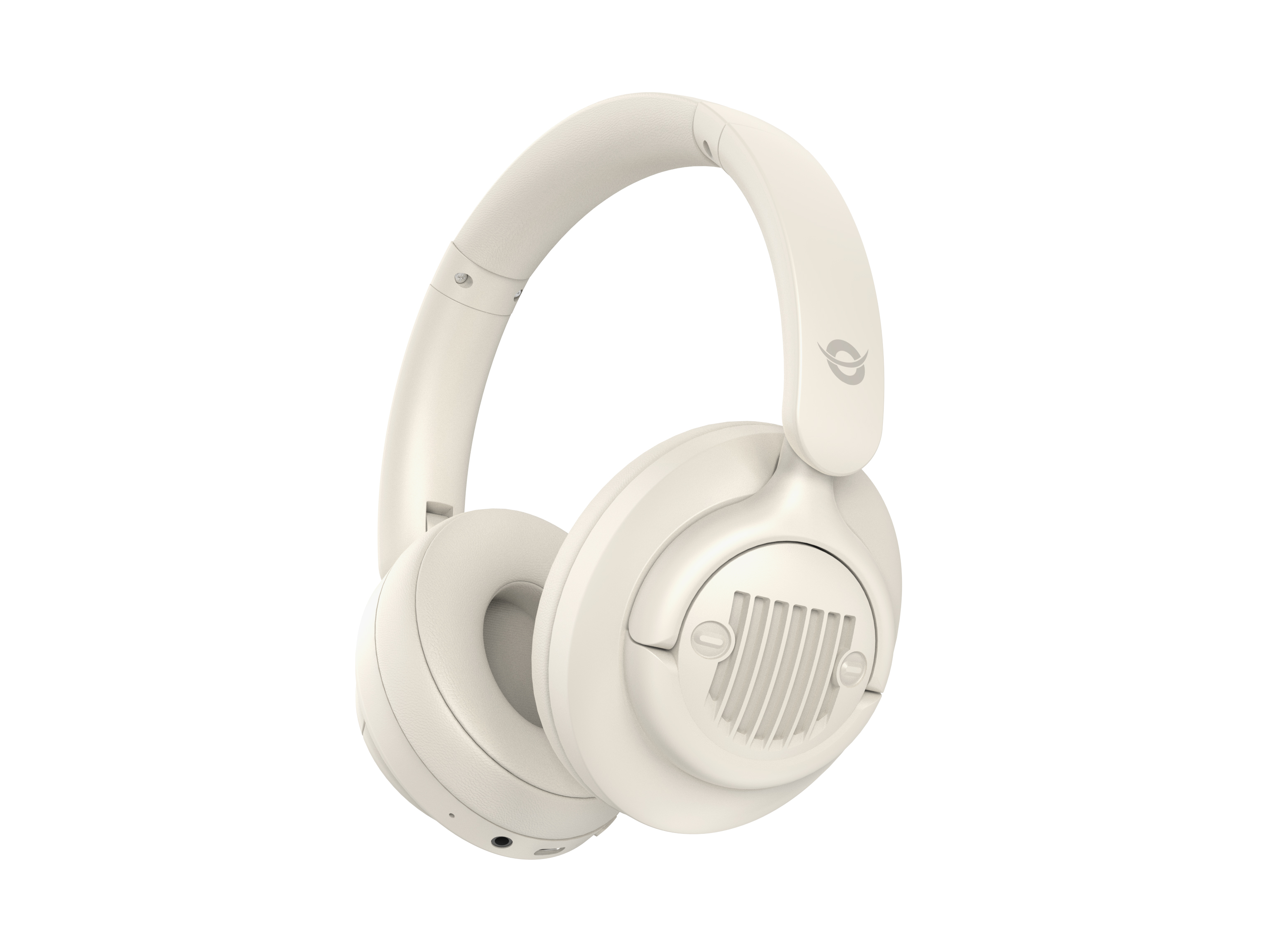 Crèmekleurige koptelefoon op een witte achtergrond. De koptelefoon heeft een eenvoudig, modern design.