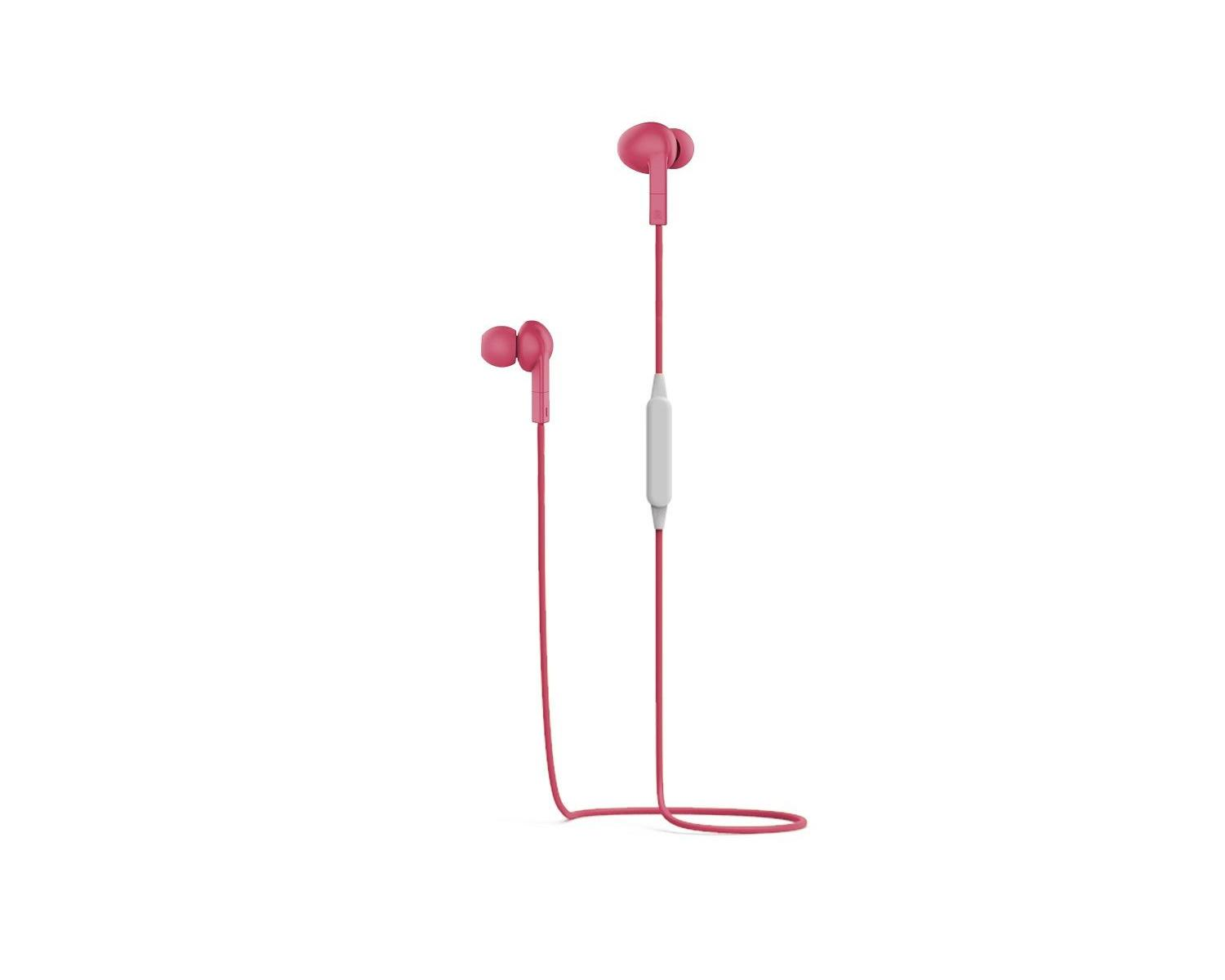 Auricolari rosa con filo con microfono e pulsante di controllo bianco.