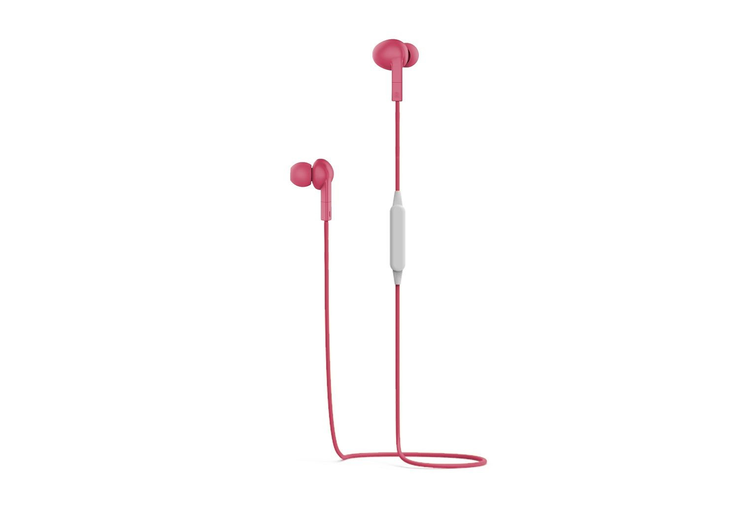 Auricolari rosa con cavo e elemento di controllo bianco. Sfondo bianco.