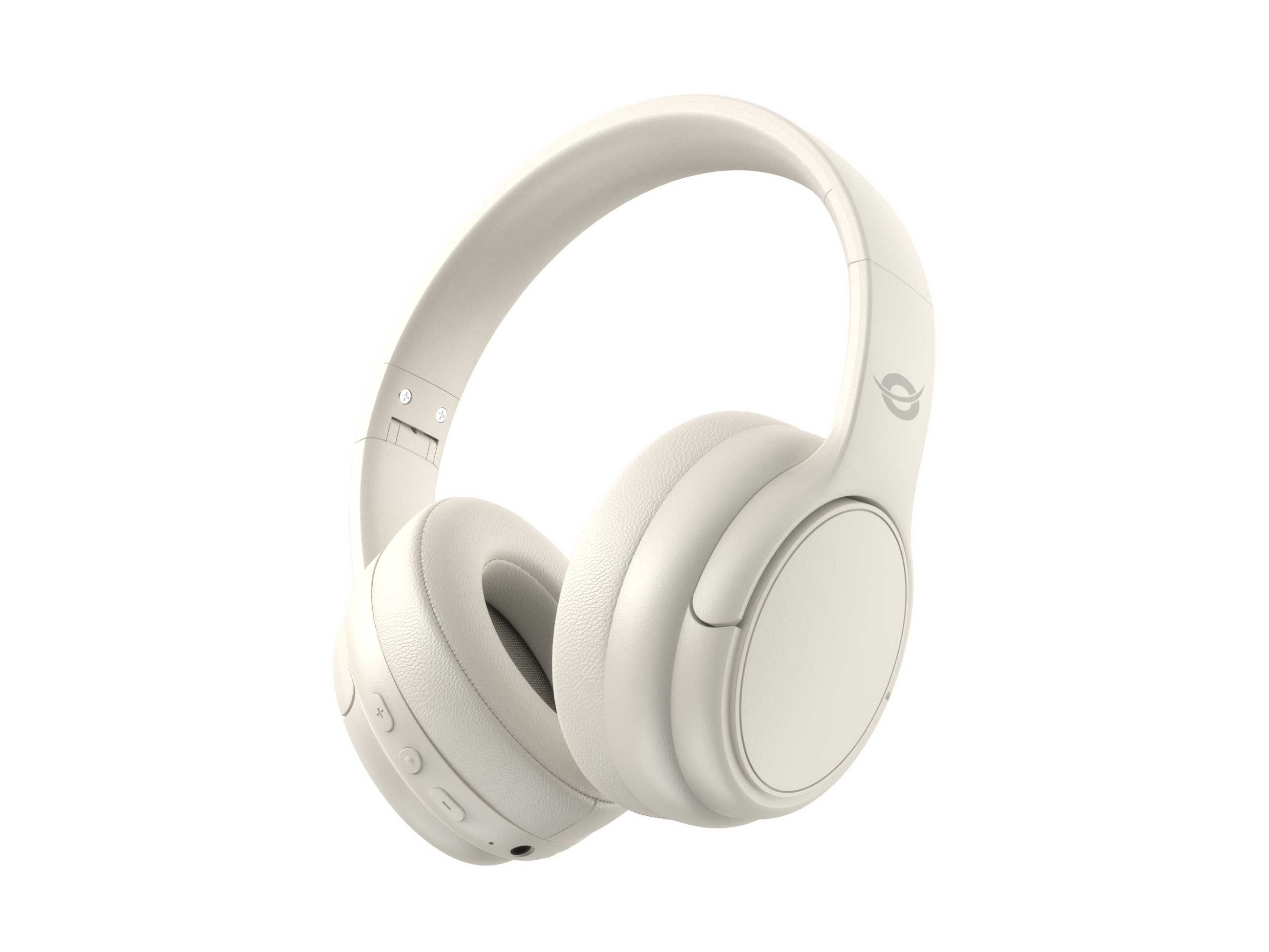 Cuffie bianco sporco con un design semplice. Hanno padiglioni e archetto. Lo sfondo è bianco.