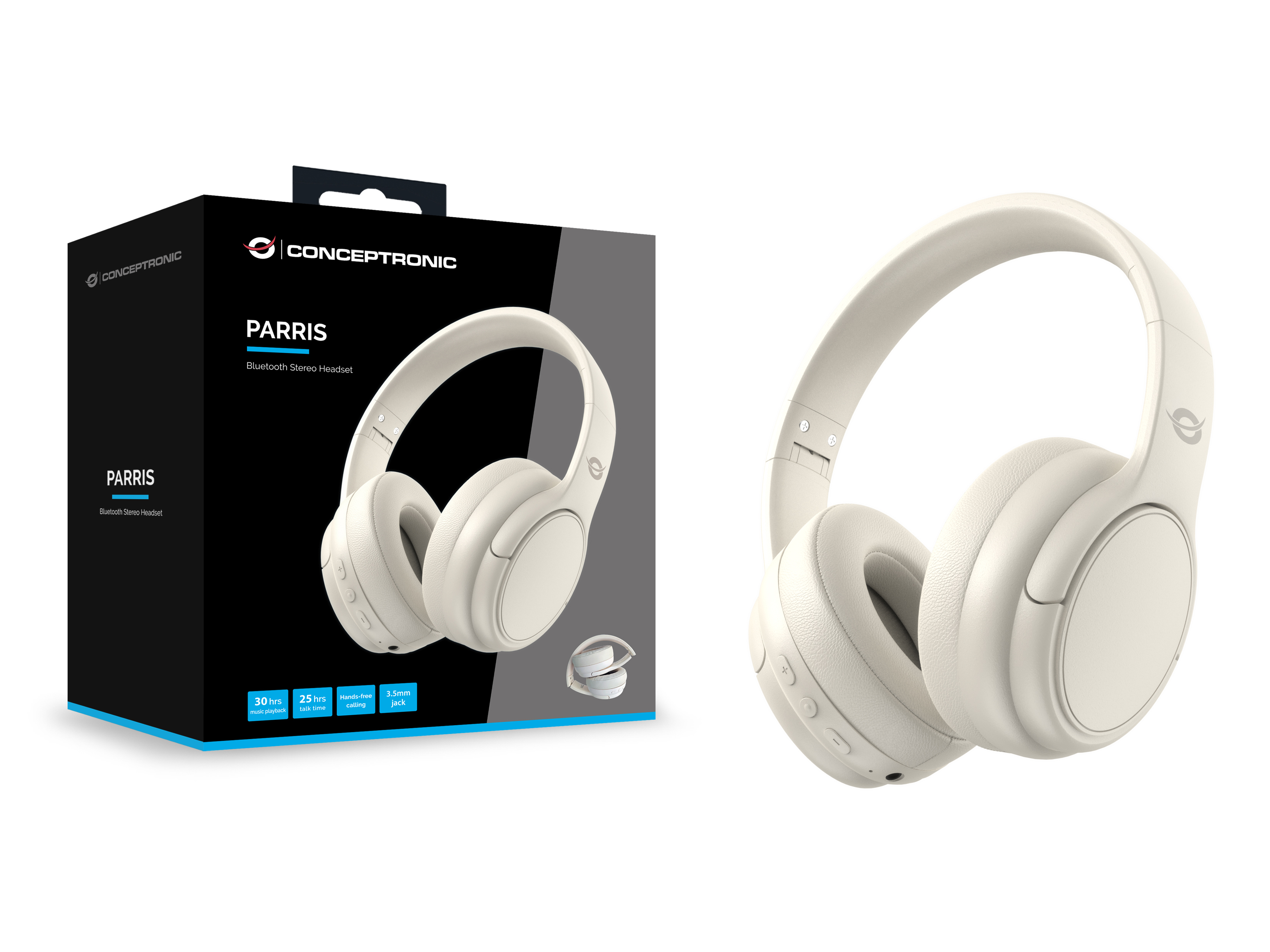 Cuffie stereo Bluetooth Conceptronic Parris bianche con scatola e cuffie separate.