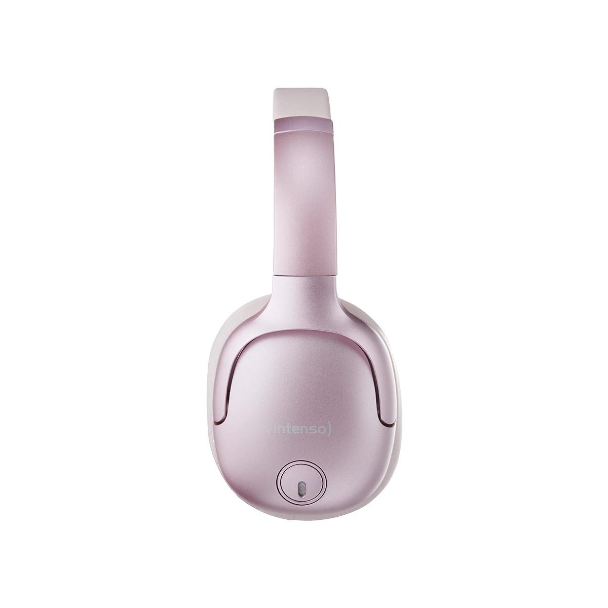 Casque rose circum-auriculaire avec la marque 'intenso' sur les oreillettes. Dessus blanc.