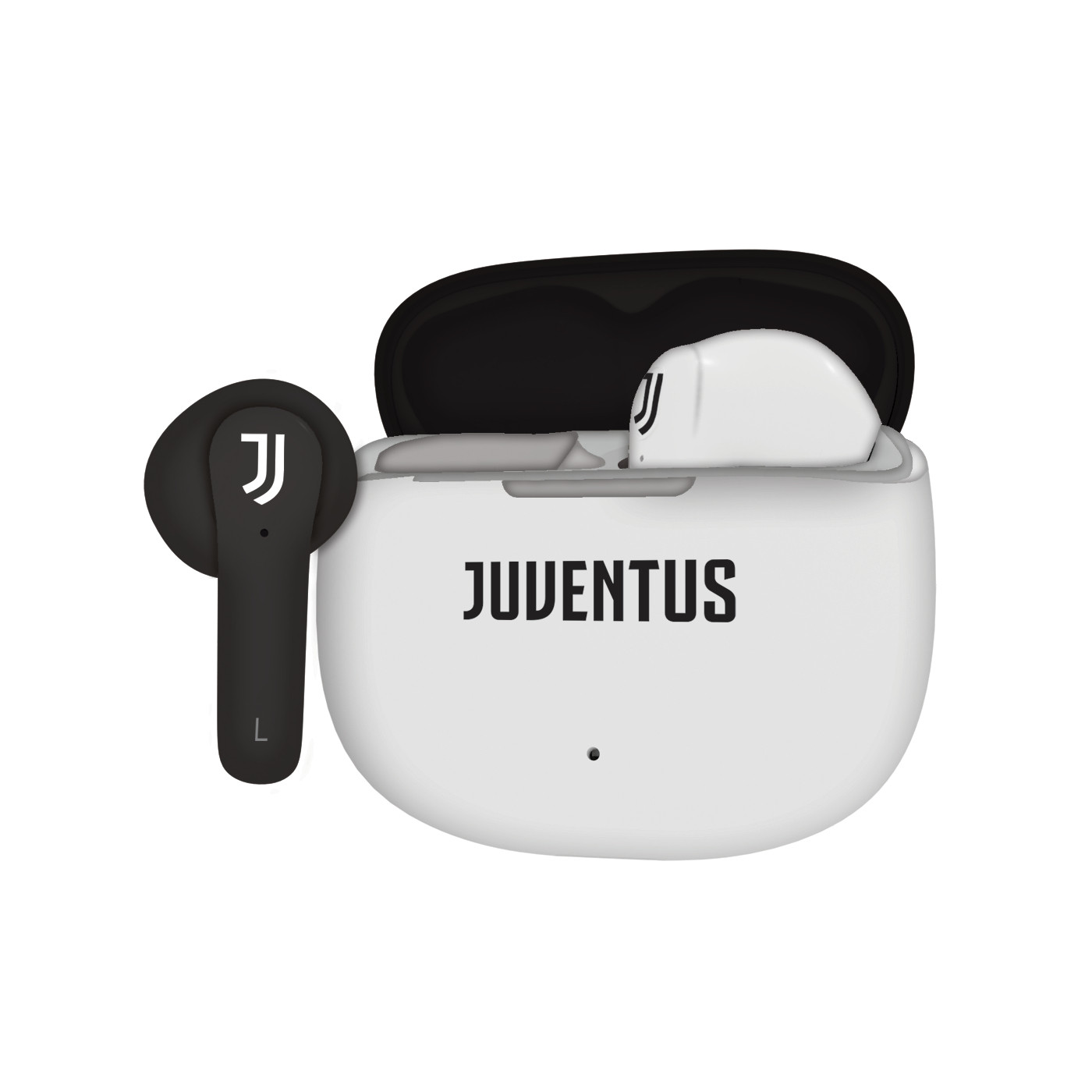Custodia di ricarica bianca con il logo Juventus. Un auricolare fuori. Auricolare sinistro nero.