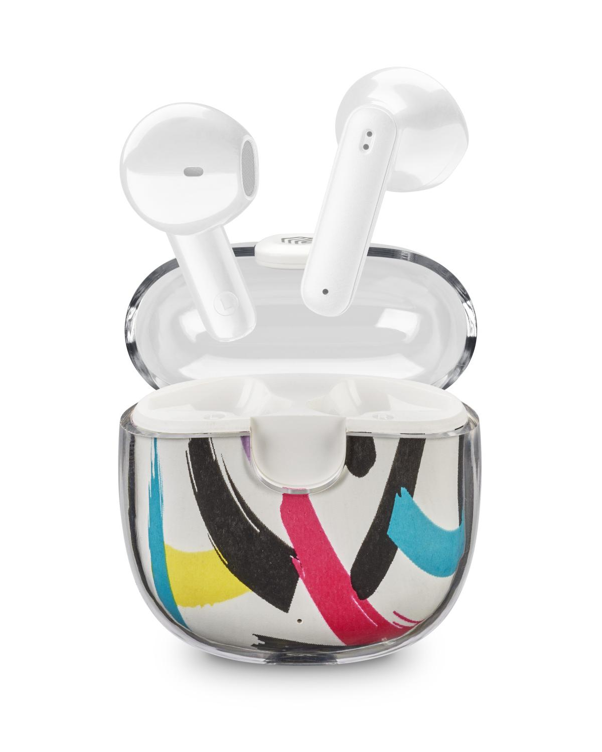 Weiße Ohrhörer mit Ladecase. Das Case hat bunte, abstrakte Designs.