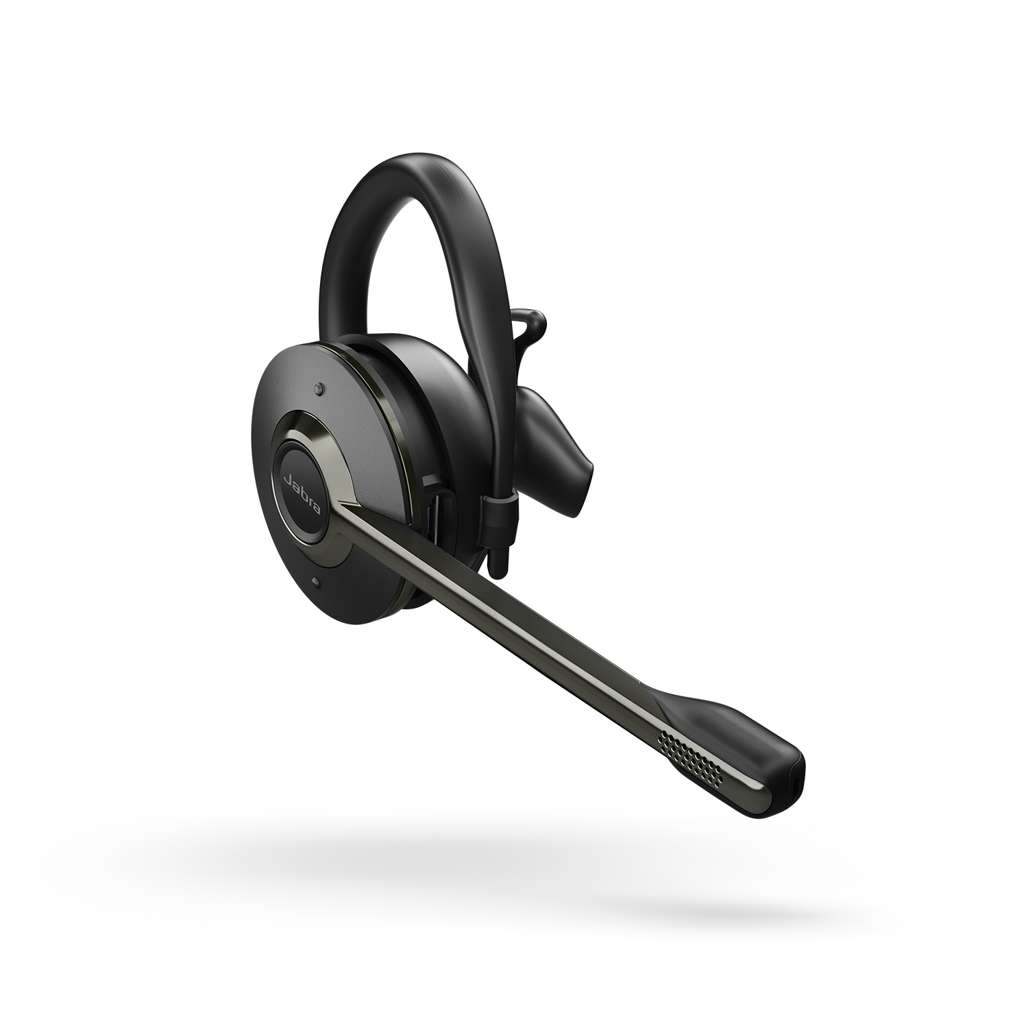 Cuffie wireless nere con microfono su sfondo bianco.