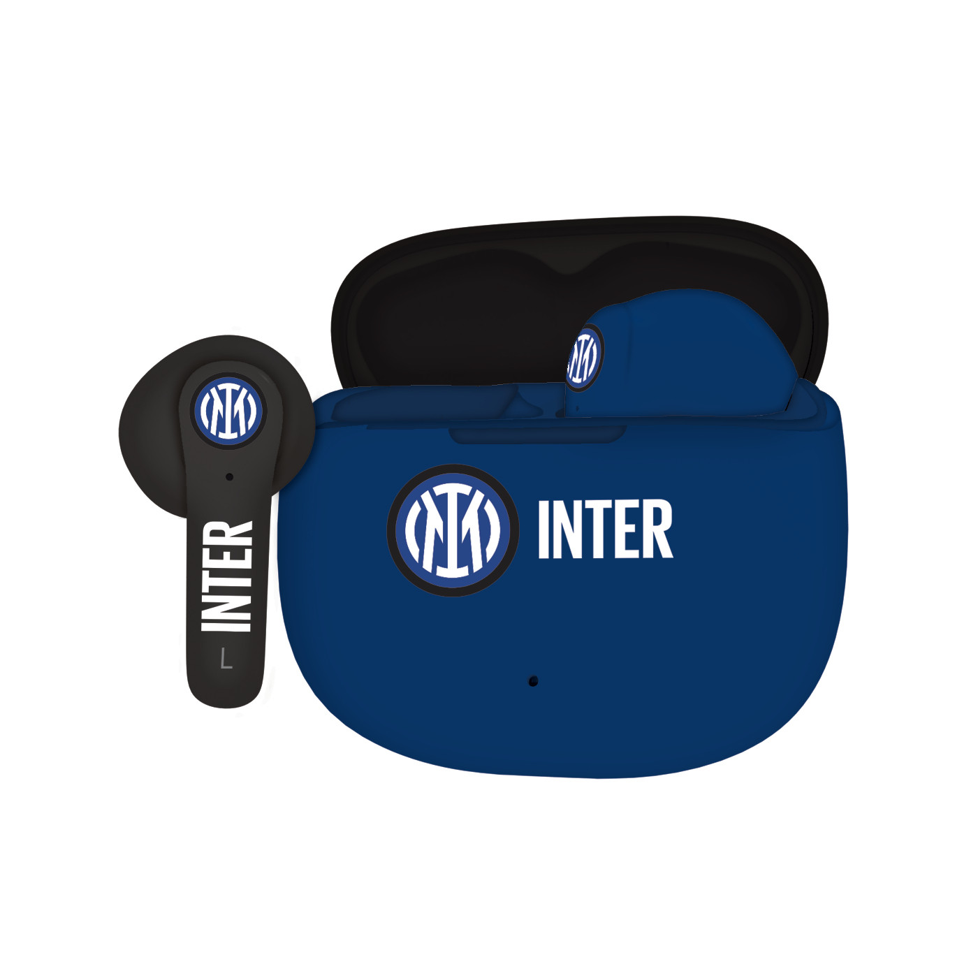 Auricolari Inter blu e neri in una custodia di ricarica. Il logo e il testo Inter sono visibili sulla custodia e sugli auricolari.