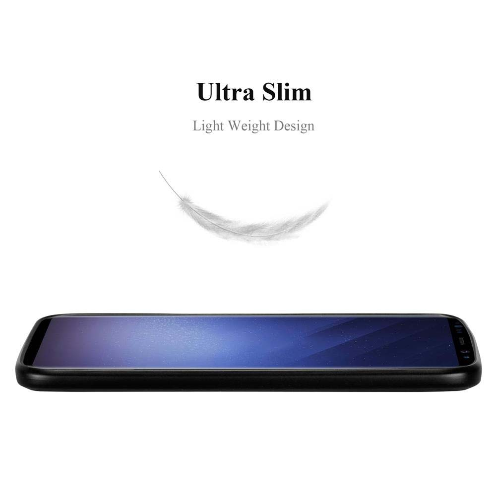 Un telefono nero su sfondo bianco. Una piuma fluttua sopra il telefono. Testo: Ultra Slim.