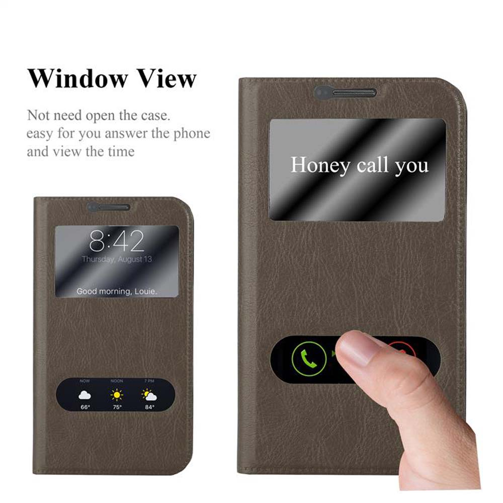 Funda de teléfono con ventana, mostrando la hora y un nombre de contacto: Honey te llama.