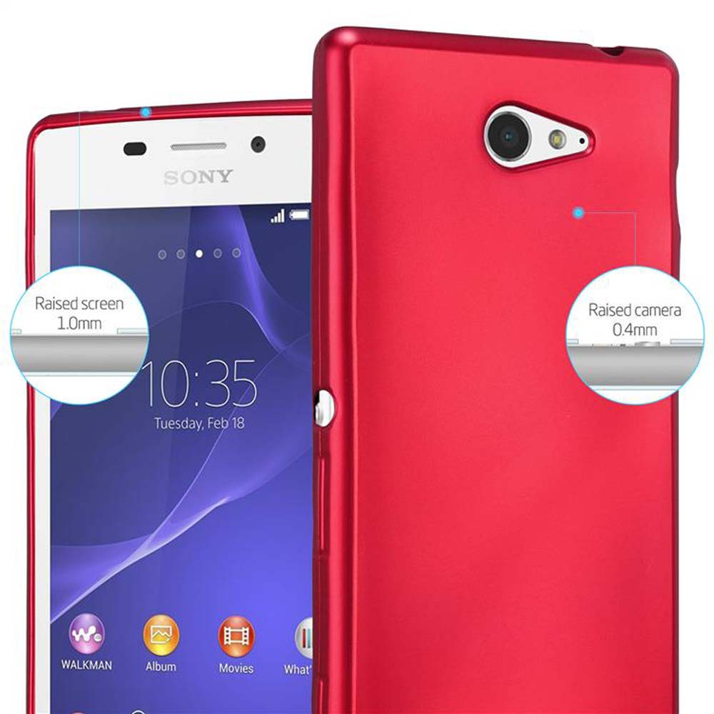 Rote Handyhülle mit Telefon, Details zum erhöhten Bildschirm und der Kamera.