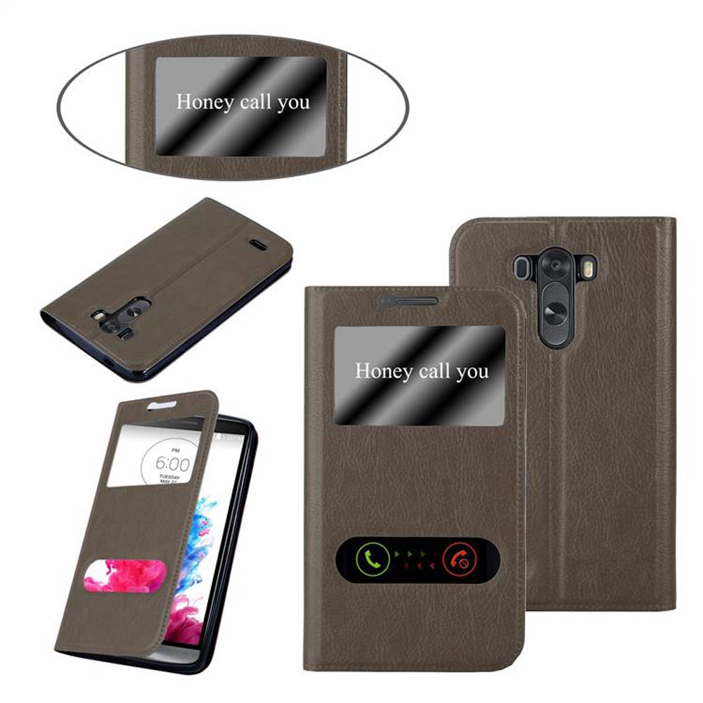 Una funda de teléfono marrón con una ventana que muestra 'Honey call you'. Un teléfono con pantalla dentro.