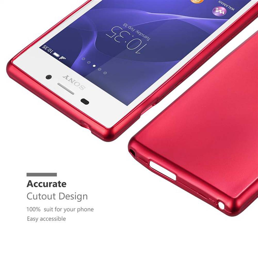 Rote Smartphone-Hülle mit einem Sony-Telefon und dessen Bildschirm mit der Uhrzeit.