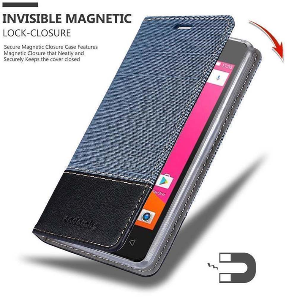Eine Handyhülle mit einem denimartigen Bezug. Die Hülle ist geöffnet und zeigt das Telefon.